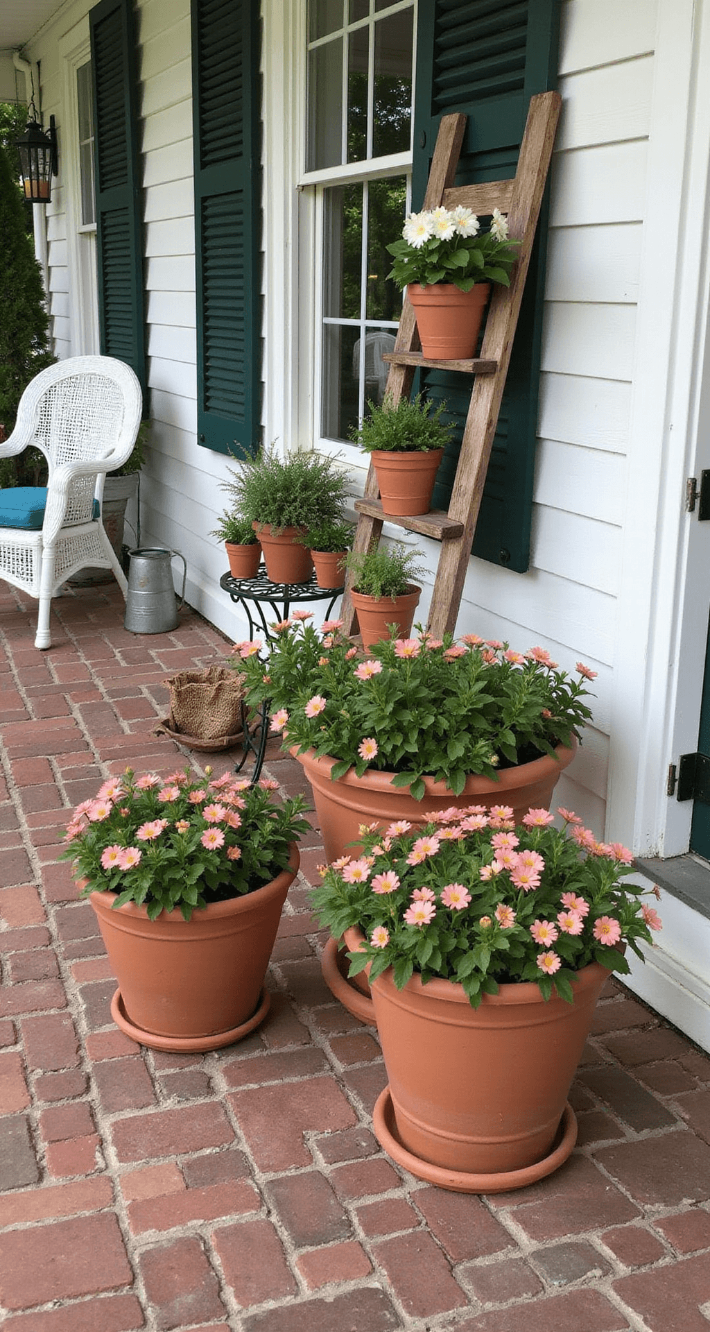 The Flowers That Actually Make Your Farmhouse Porch Look Like It Belongs on Pinterest A charming traditional farmhouse porch in afternoon shade, featuring vibrant impatiens in varying heights of terra cotta containers, white clapboard siding, dark green shutters, and a red brick herringbone floor. Vintage galvanized watering cans and a wooden ladder add rustic touches, while soft lighting enhances the rich colors of coral pink and white blooms amidst lush green foliage.