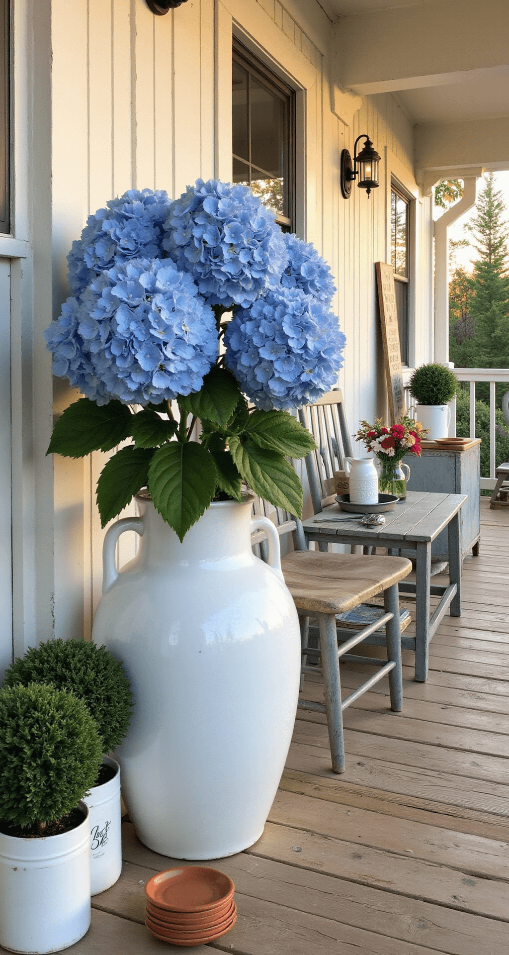 The Flowers That Actually Make Your Farmhouse Porch Look Like It Belongs on Pinterest A charming farmhouse porch corner bathed in warm golden light showcases a stunning blue hydrangea in a large white ceramic planter, complemented by white beadboard wainscoting and vintage farmhouse chairs.