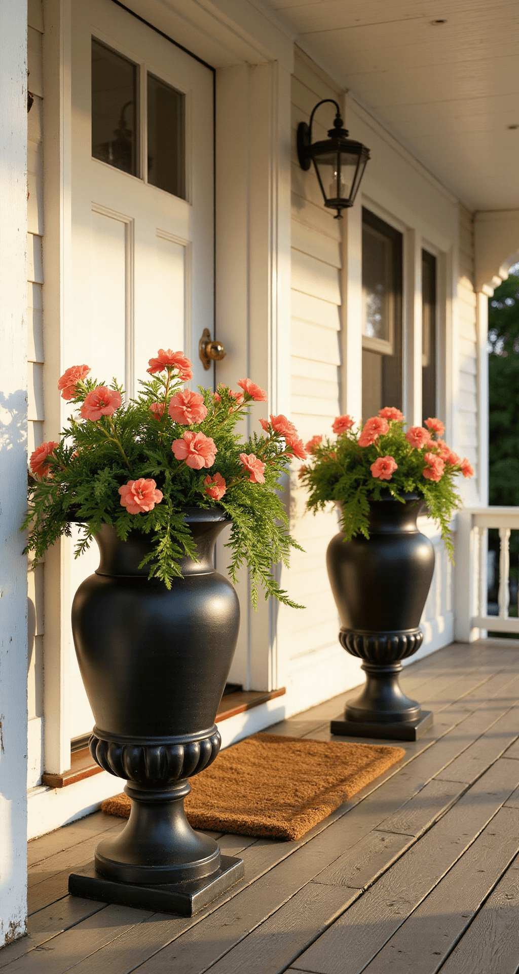 Outdoor Artificial Flower Arrangements: Everything I Learned Transforming My Front Porch A charming front porch at golden hour, featuring two tall matte black urns with coral geraniums and trailing ivy flanking a white front door, casting warm sunlight and gentle shadows on weathered wood planking.
