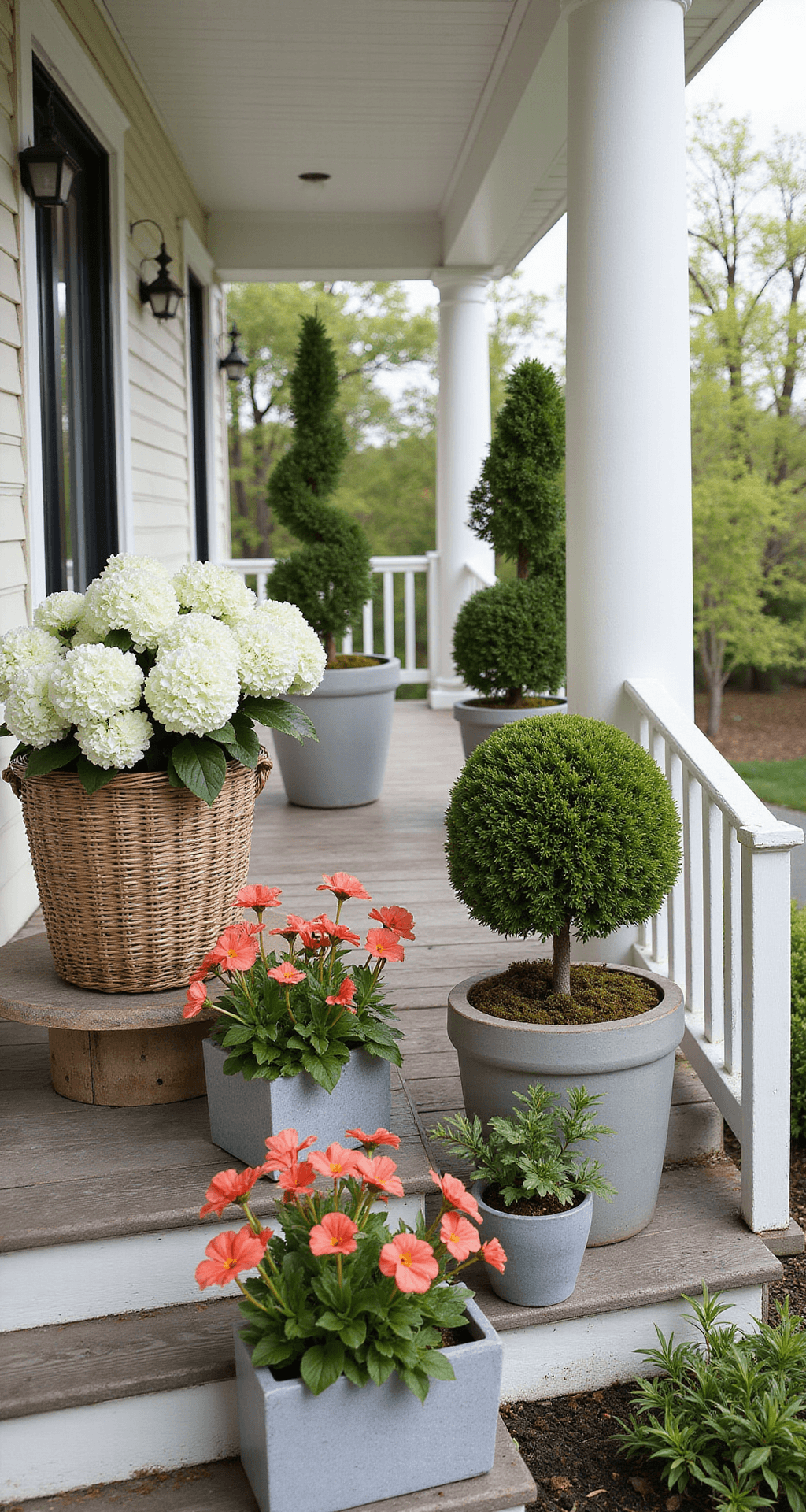 Outdoor Artificial Flower Arrangements: Everything I Learned Transforming My Front Porch A south-facing covered porch with layered artificial flower displays, featuring white hydrangeas in wicker planters, coral geraniums in concrete planters on railings, and tall boxwood topiaries on wooden steps, captured in bright midday light, highlighting textures and heights.