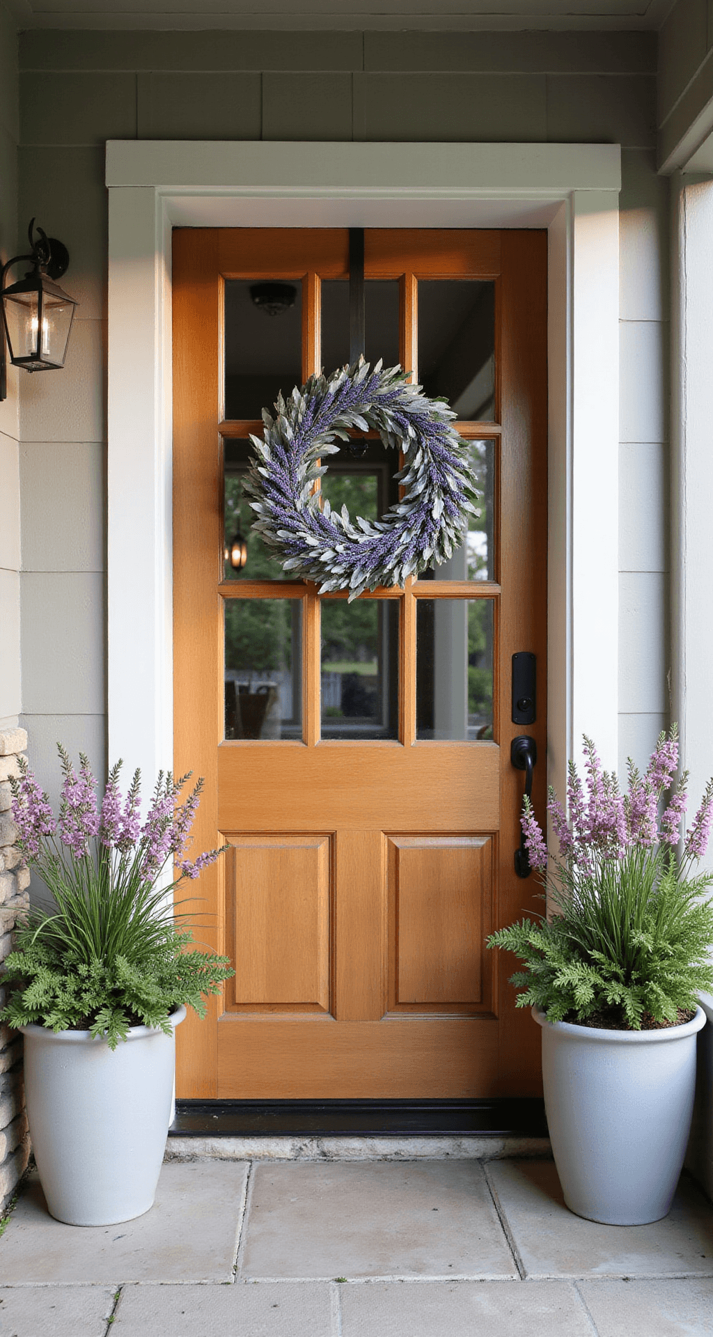 Outdoor Artificial Flower Arrangements: Everything I Learned Transforming My Front Porch Elegant front door entrance with a lavender and eucalyptus wreath, flanked by contemporary planters with pink geraniums and wisteria, featuring craftsman-style trim and soft morning light.