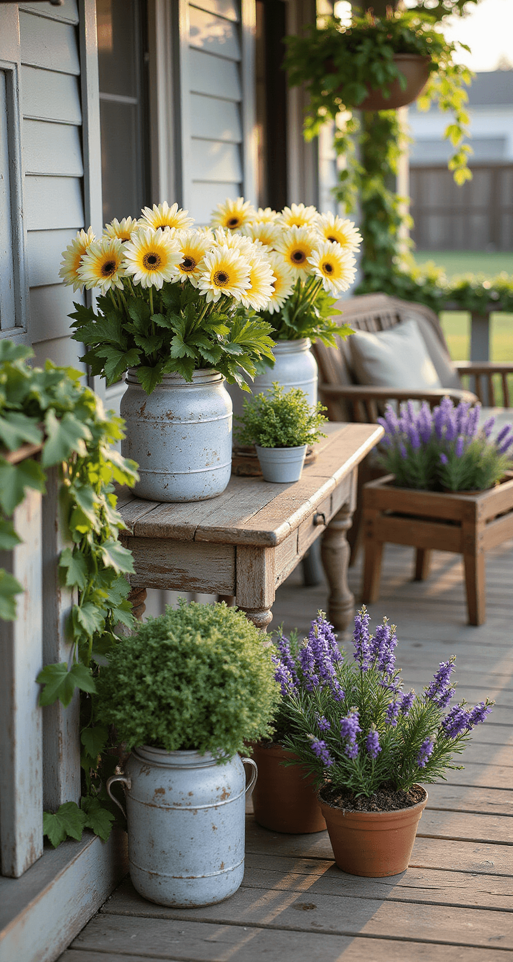 Outdoor Artificial Flower Arrangements: Everything I Learned Transforming My Front Porch A rustic farmhouse porch adorned with artificial floral arrangements in distressed mason jars, galvanized containers, and wooden crates, all bathed in warm afternoon sunlight. Trailing ivy cascades over the railings, complemented by vintage porch furniture and hanging plants, captured from an elevated angle to highlight the scene's texture and depth.