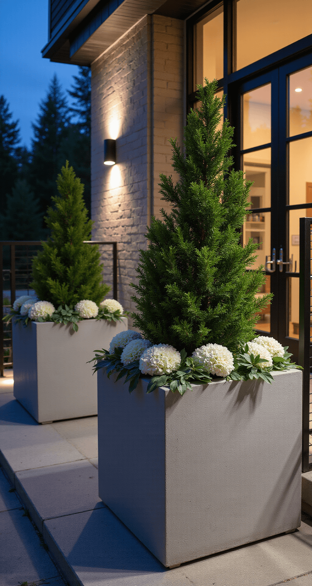 Outdoor Artificial Flower Arrangements: Everything I Learned Transforming My Front Porch A contemporary porch entrance at twilight, featuring sleek geometric planters with artificial boxwood, hydrangeas, and eucalyptus, illuminated by warm overhead lighting, set against a modern stone porch with metal railings and minimalist outdoor furniture.