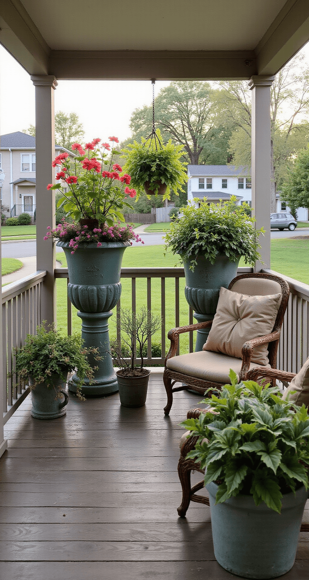 Outdoor Artificial Flower Arrangements: Everything I Learned Transforming My Front Porch Cozy covered porch with realistic artificial flower arrangements in decorative pots, showcasing various levels of faux plants among vintage wicker furniture, a watering can, and gentle morning light filtering through the scene.