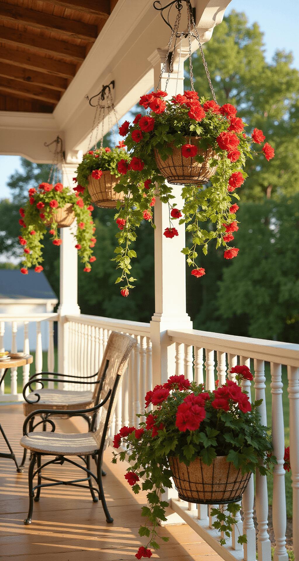 The Honest Truth About Outdoor Hanging Plants (And Which Ones Won't Die on You) A sunlit southern-facing porch featuring white railings and vibrant scarlet geraniums in cascading planters, woven baskets, and weathered teak furniture, with dappled shadows on honey-colored deck boards.