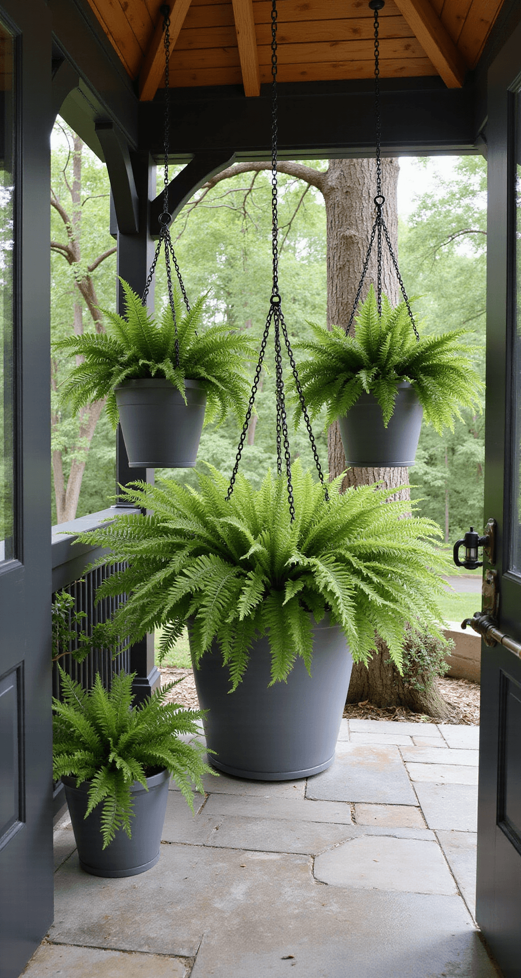 The Honest Truth About Outdoor Hanging Plants (And Which Ones Won't Die on You) A shaded north-facing entryway with elegant Boston ferns in self-watering hanging planters, supported by charcoal-painted wooden columns and a peaked roof with exposed beams, dappled morning light filtering through oak branches, and fieldstone pavers showing water stains.