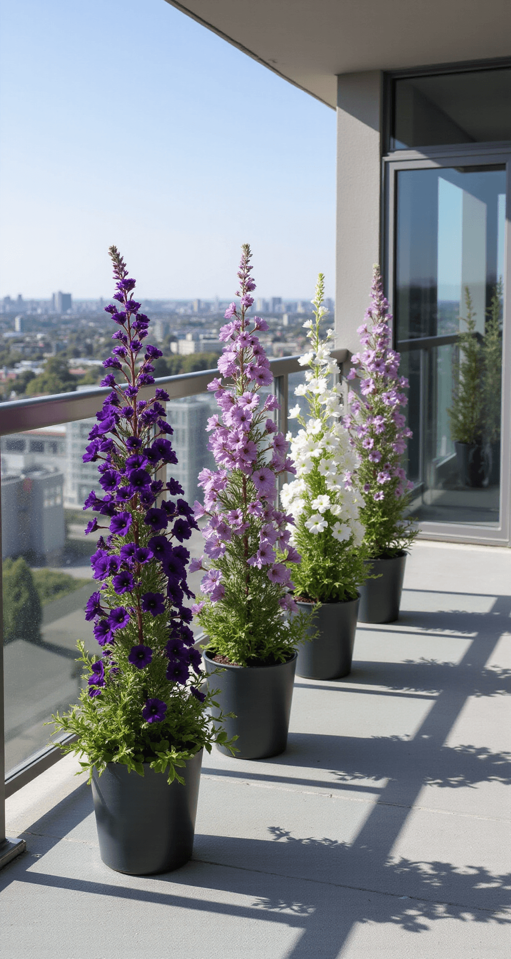 The Honest Truth About Outdoor Hanging Plants (And Which Ones Won't Die on You) A sun-drenched modern balcony with sleek glass railings, showcasing a sophisticated monochromatic hanging garden of purple calibrachoa in graduated charcoal planters, set against a softly blurred urban backdrop.