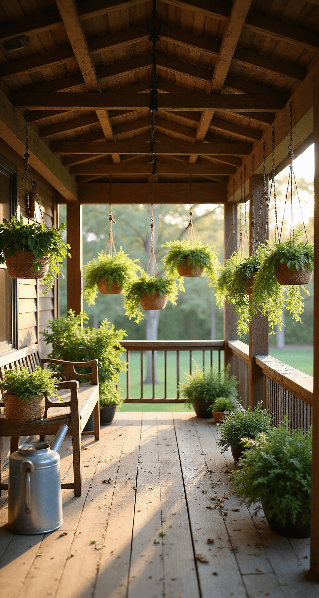 The Honest Truth About Outdoor Hanging Plants (And Which Ones Won't Die on You) A rustic back porch at golden hour, featuring a hanging herb garden in coconut coir baskets, reclaimed barn wood posts, and a weathered cedar floor, with a vintage watering can on a bench, all bathed in warm evening light.