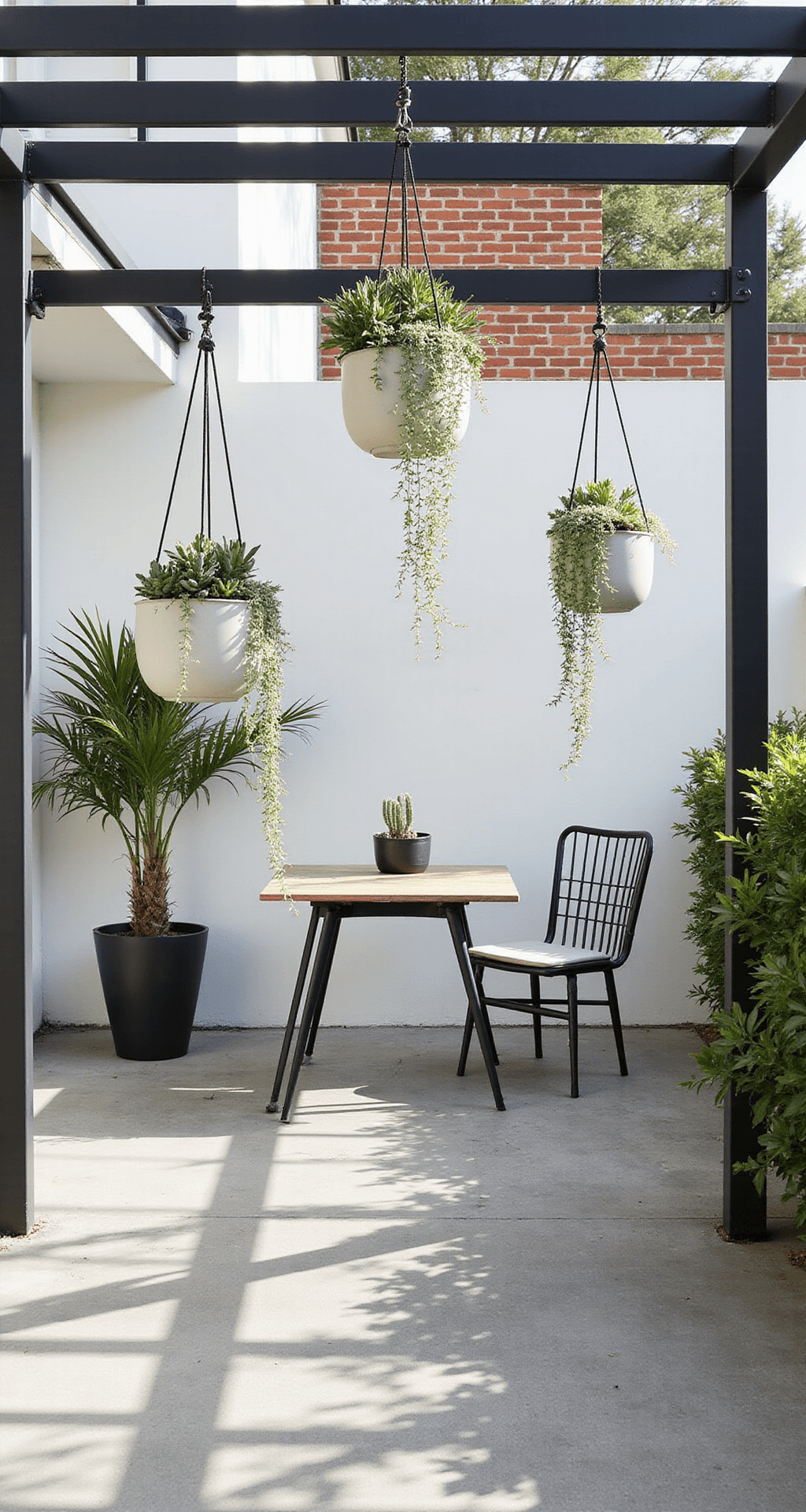 The Honest Truth About Outdoor Hanging Plants (And Which Ones Won't Die on You) A minimalist contemporary patio featuring hanging String of Pearls succulents in sleek planters, with a black metal pergola casting linear shadows on light gray polished concrete flooring, complemented by matte black furniture.