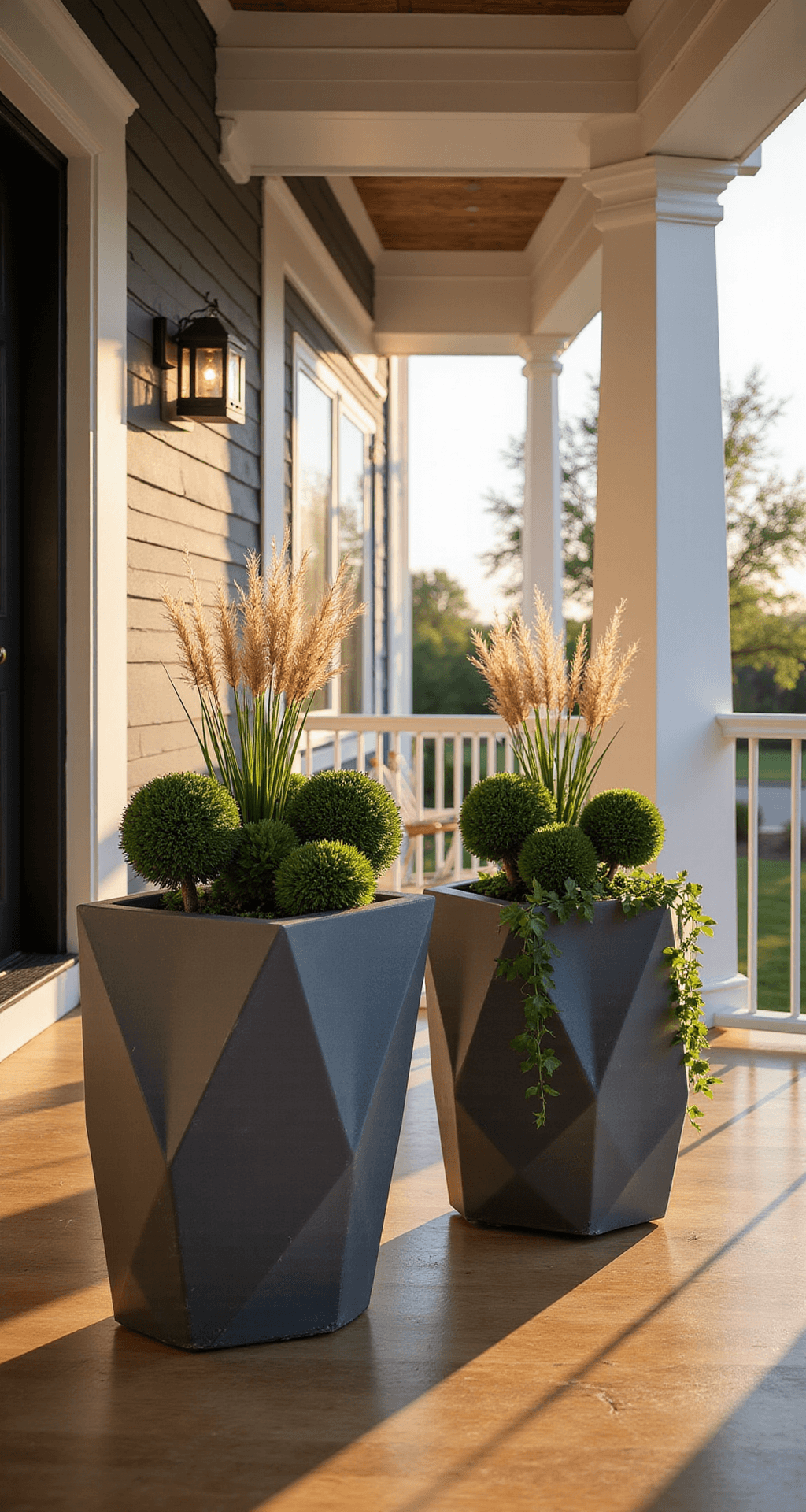 Modern Front Porch Planters That'll Make Your Neighbors Do a Double-Take Photorealistic wide-angle view of a modern front porch at golden hour, featuring charcoal gray diamond-faceted planters with ornamental grasses, boxwood spheres, and trailing ivy, flanking a sleek black door, set against warm wood flooring and white columns.