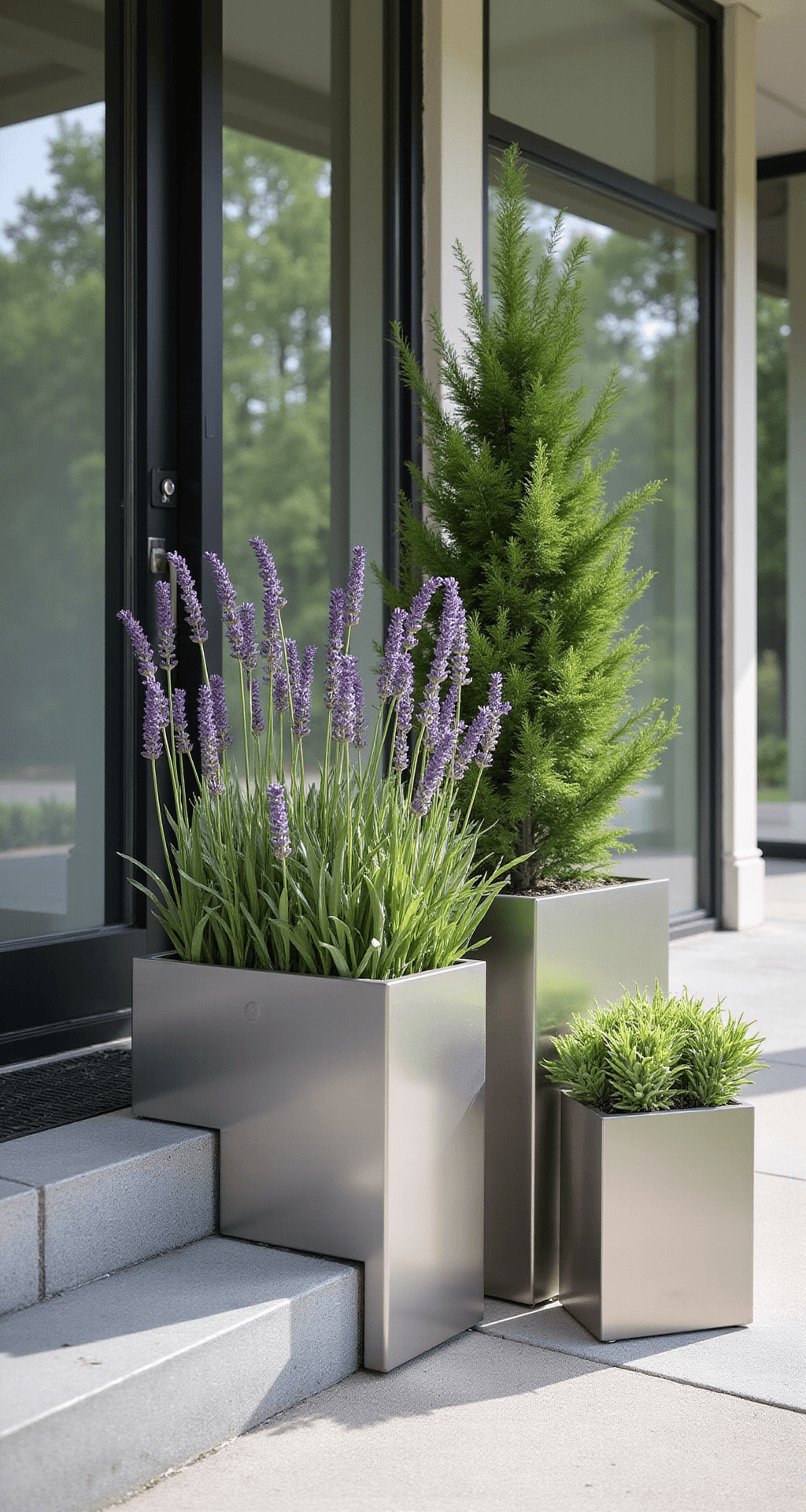 Modern Front Porch Planters That'll Make Your Neighbors Do a Double-Take Close-up view of a modern porch corner with three stainless steel planters at varying heights, reflecting surrounding greenery. The largest planter houses a yucca plant, the medium contains lavender, and the smallest has trailing succulents, all set against floor-to-ceiling glass windows. The metallic surfaces exhibit light reflections, highlighting the geometric design and texture of the planters.