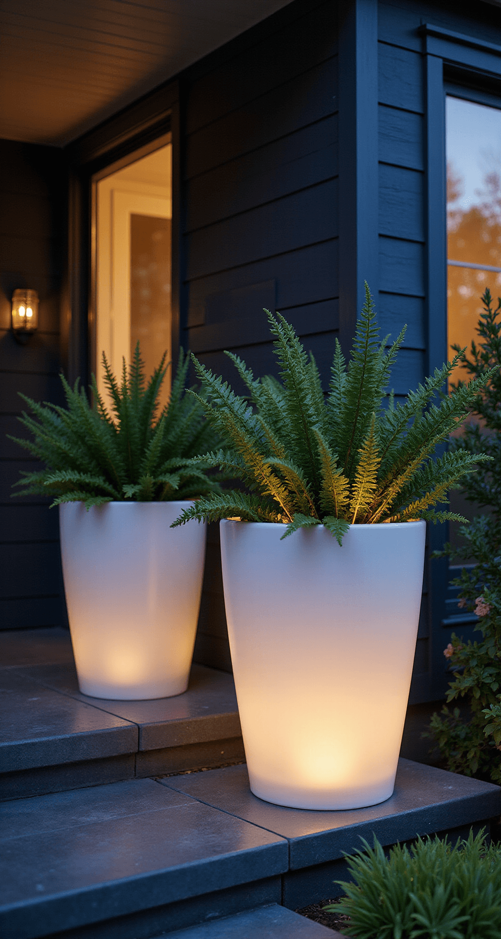 Modern Front Porch Planters That'll Make Your Neighbors Do a Double-Take Atmospheric evening photograph of a stylish home entrance featuring illuminated self-watering planters with ferns and flowers, casting a warm glow on charcoal slate flooring, set against a deep navy blue exterior with brass accents.