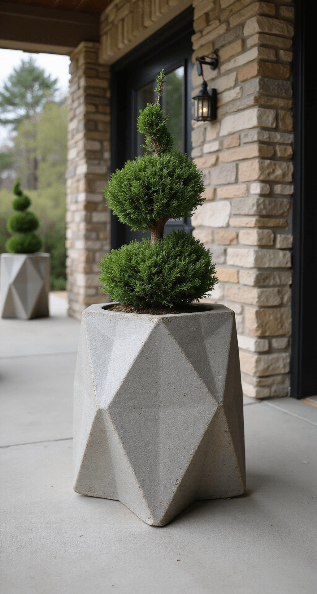 Modern Front Porch Planters That'll Make Your Neighbors Do a Double-Take Detailed shot of a geometric fiber-reinforced concrete planter with a topiary boxwood spiral, showcasing natural patina and texture variations on a covered porch in soft overcast light.