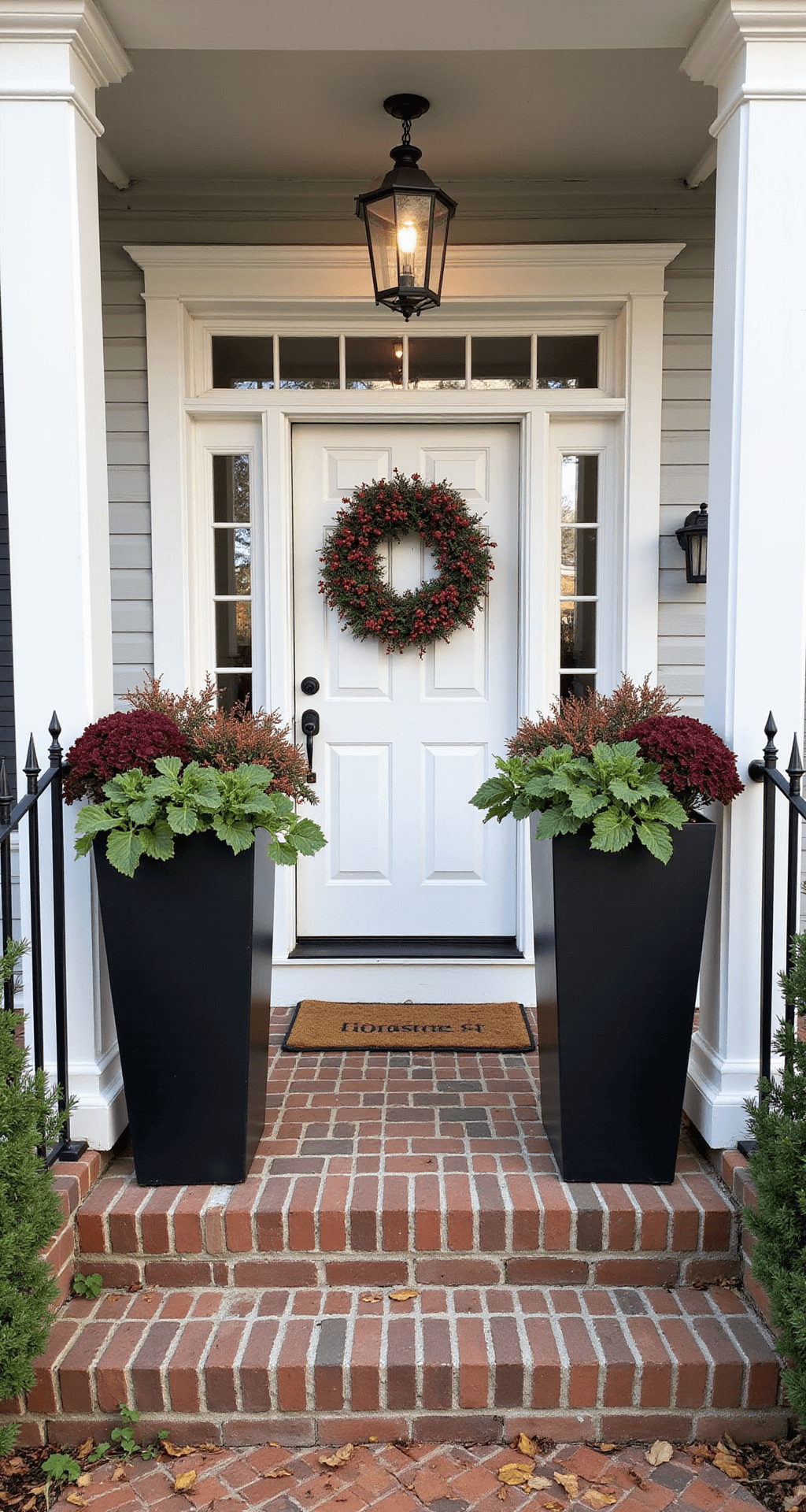 Modern Front Porch Planters That'll Make Your Neighbors Do a Double-Take Symmetrical capture of a traditional colonial home's front porch adorned with matching black rectangular planters, showcasing seasonal arrangements of ornamental kale, burgundy mums, and winter berry vines, framed by a white door and flanked by white columns and black railings, bathed in warm autumn light.