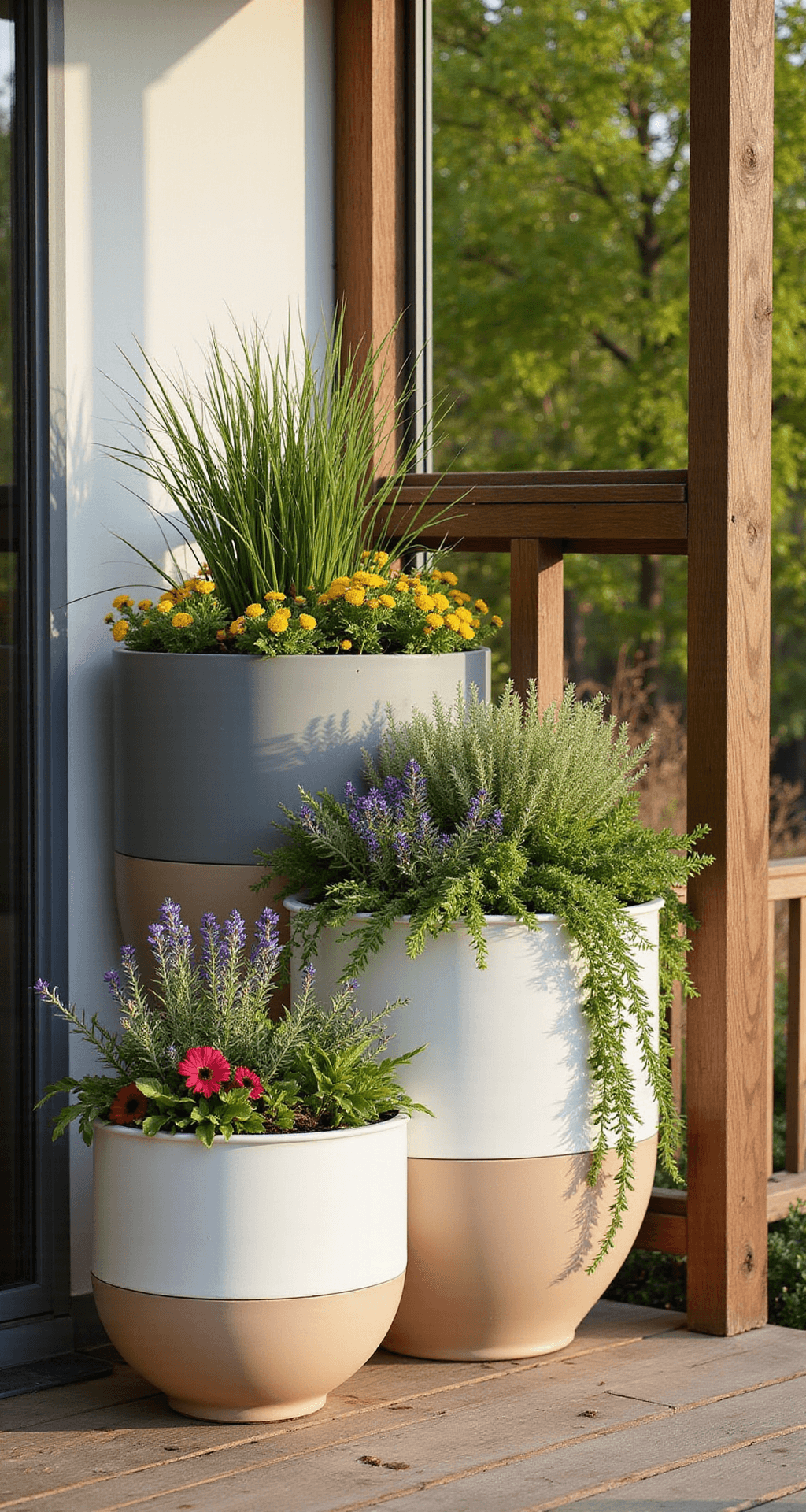 Modern Front Porch Planters That'll Make Your Neighbors Do a Double-Take Intimate corner view of a mixed-height planter arrangement with three round planters in dove gray, warm white, and soft beige on a wooden deck, featuring layered plants including tall fountain grass, colorful annuals, and trailing herbs, highlighted by warm spring morning light.