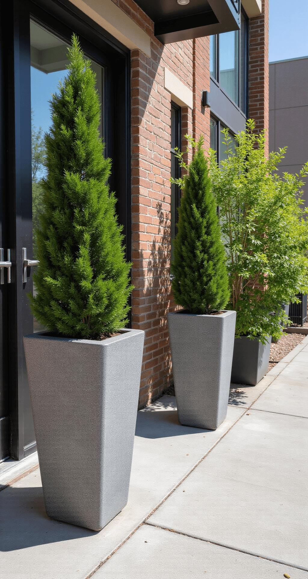 Modern Front Porch Planters That'll Make Your Neighbors Do a Double-Take Dramatic low-angle view of two tall cylindrical planters made from recycled plastic, featuring bamboo plantings that create a vertical privacy screen, flanking the glass front doors of a modern townhouse, with sharp shadows accentuating their height under bright midday sun.