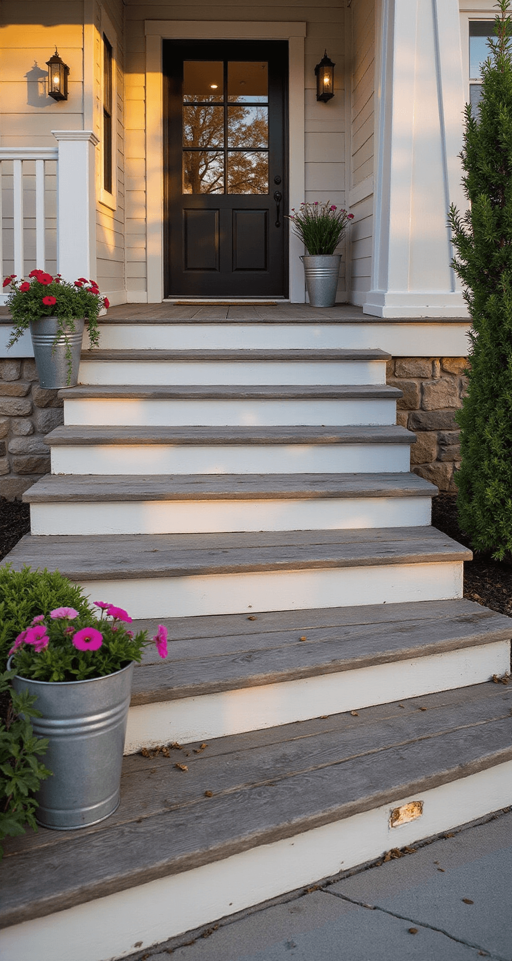 Farmhouse Front Porch Steps: My Guide to Creating That Perfect Welcome Home Moment Photorealistic wide-angle view of a classic farmhouse entrance at golden hour, featuring wooden steps with white painted risers and grey stained treads, flanked by metal planters with petunias and ivy, soft LED lighting beneath the steps, and natural stone accents framing the scene.