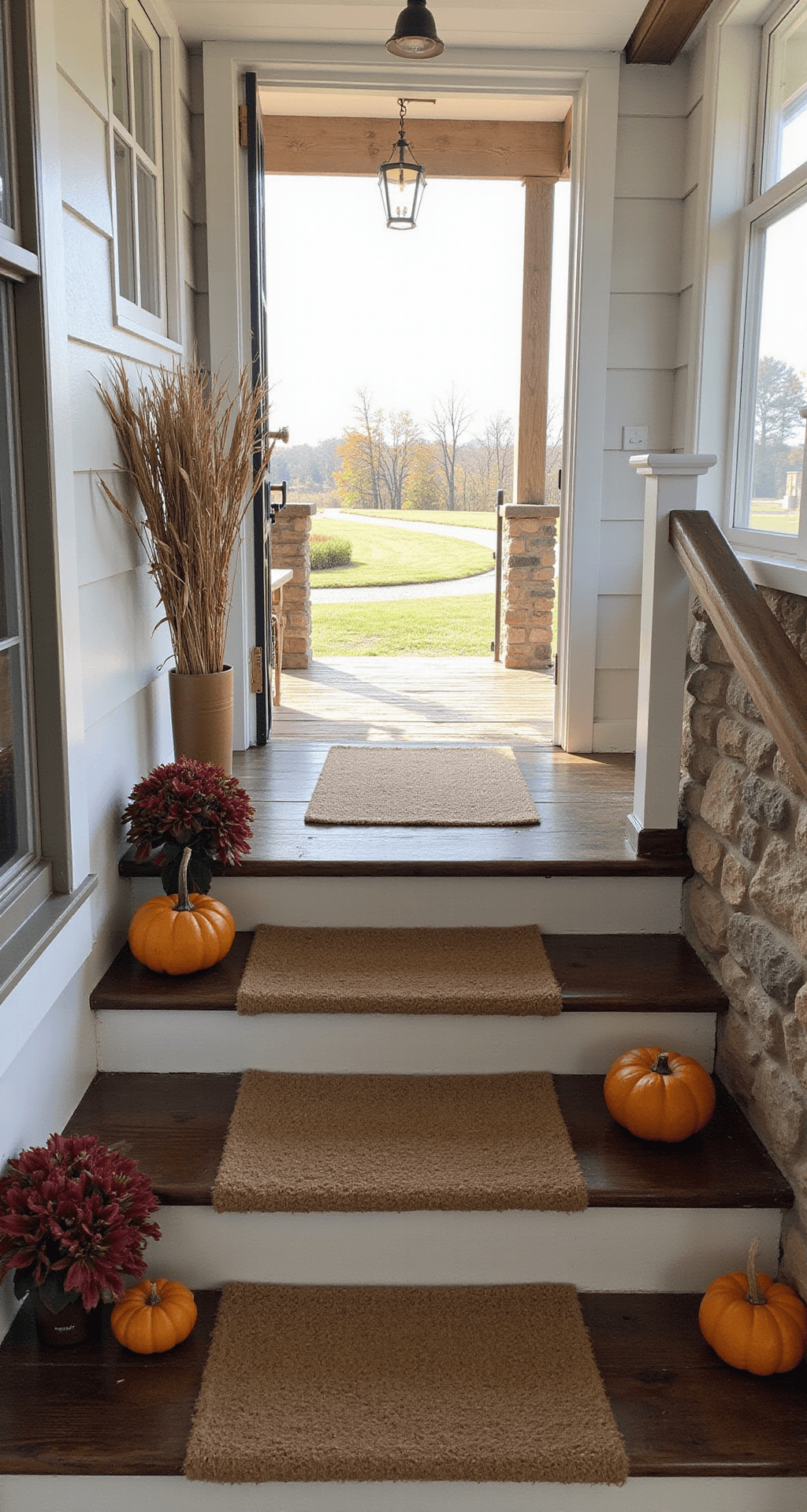 Farmhouse Front Porch Steps: My Guide to Creating That Perfect Welcome Home Moment Interior view of a farmhouse looking out through an open front door onto wooden porch steps with white risers and walnut treads, featuring a jute stair runner and seasonal autumn decorations of pumpkins and mums, all illuminated by late afternoon natural light.