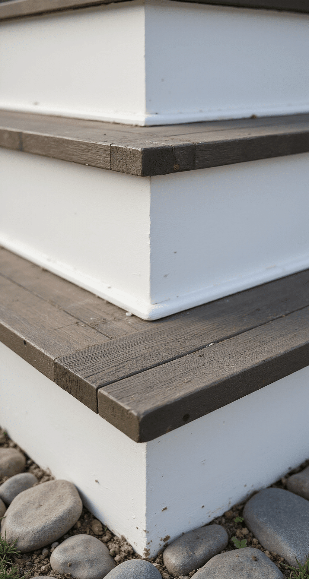 Farmhouse Front Porch Steps: My Guide to Creating That Perfect Welcome Home Moment Close-up detail of expertly crafted farmhouse step with white riser and grey stained tread, showcasing cedar wood grain, non-slip finish, precision-cut nosing, and subtle LED lighting, all highlighted by crisp morning light and natural textures.
