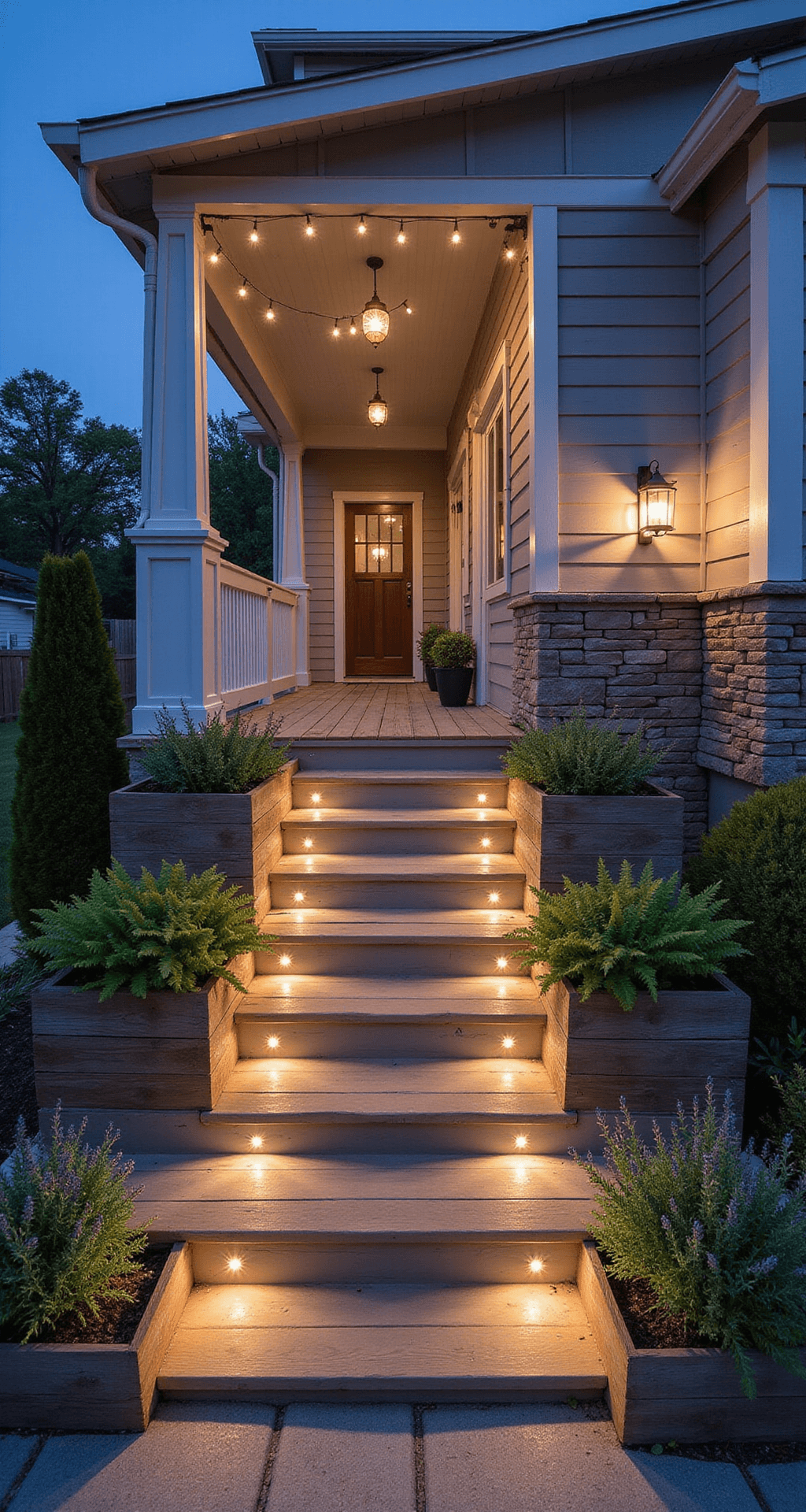 Farmhouse Front Porch Steps: My Guide to Creating That Perfect Welcome Home Moment Wide shot of a farmhouse front porch at twilight, featuring warm LED step lighting, classic wooden steps with white risers, lush ferns and lavender in cedar planters, stacked stone walls, string lights, and lantern-style fixtures, showcasing a welcoming outdoor design.