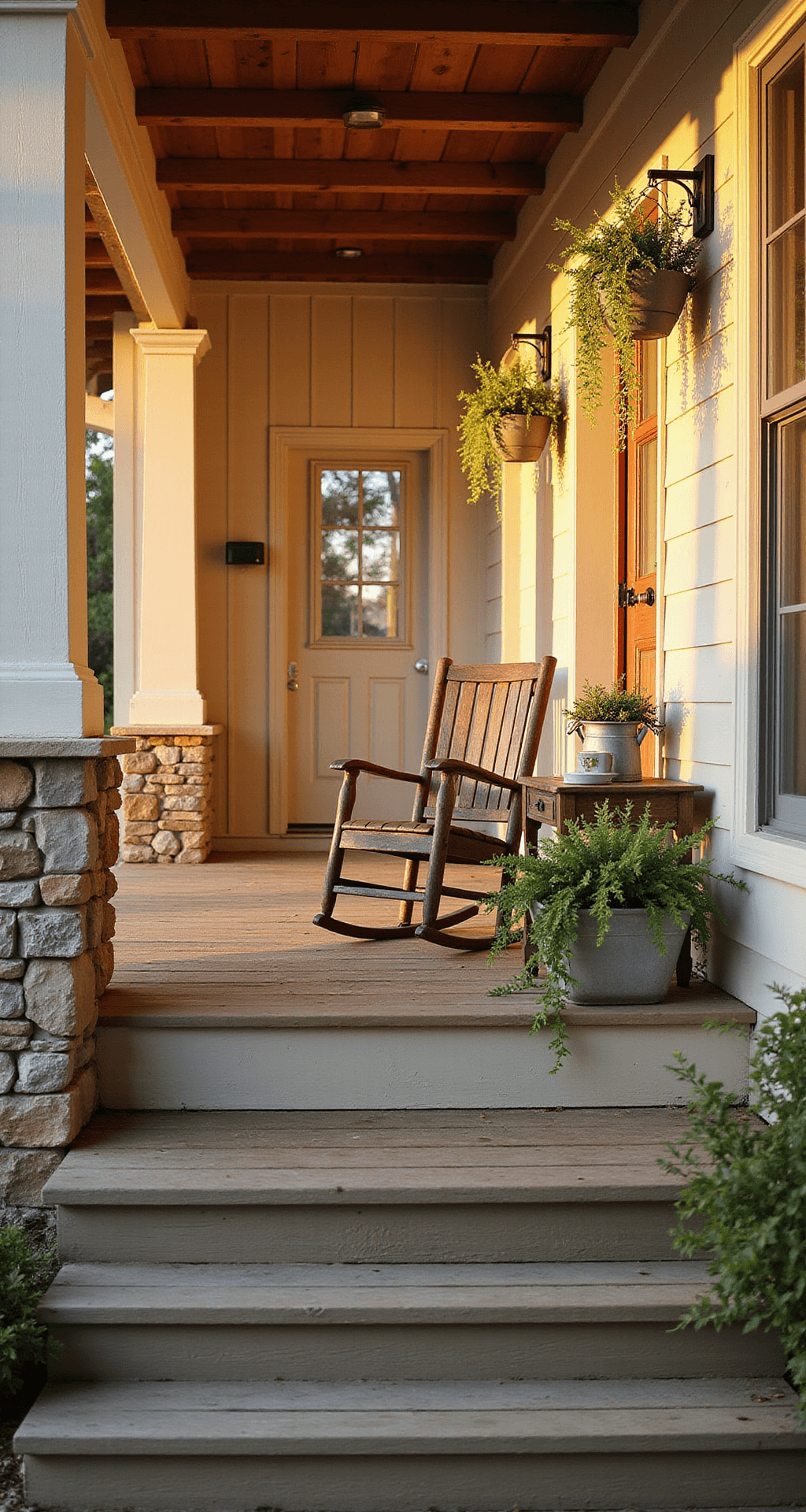 Rustic Farmhouse with Wrap-Around Porch: Your Complete Guide to Timeless Country Living A spacious wraparound porch at golden hour featuring timber columns, stone accents, weathered cedar siding, a rocking chair, and vintage milk can planters with ferns, all bathed in warm natural light, evoking peaceful country living.