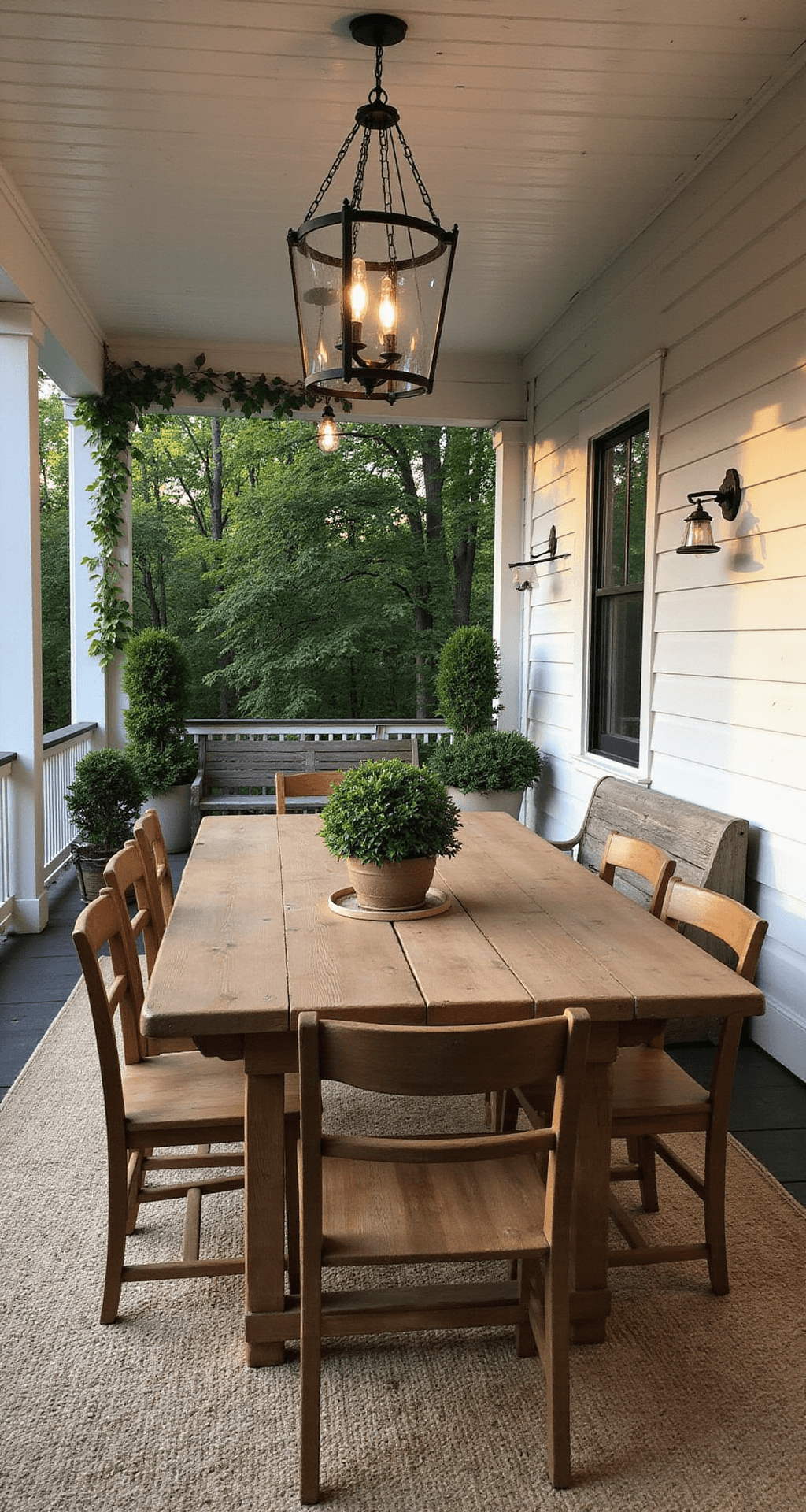 Rustic Farmhouse with Wrap-Around Porch: Your Complete Guide to Timeless Country Living An intimate outdoor dining area on a wraparound porch, featuring a large teak table with vintage chairs, a rustic chandelier, and lush planters, all illuminated by soft afternoon light.
