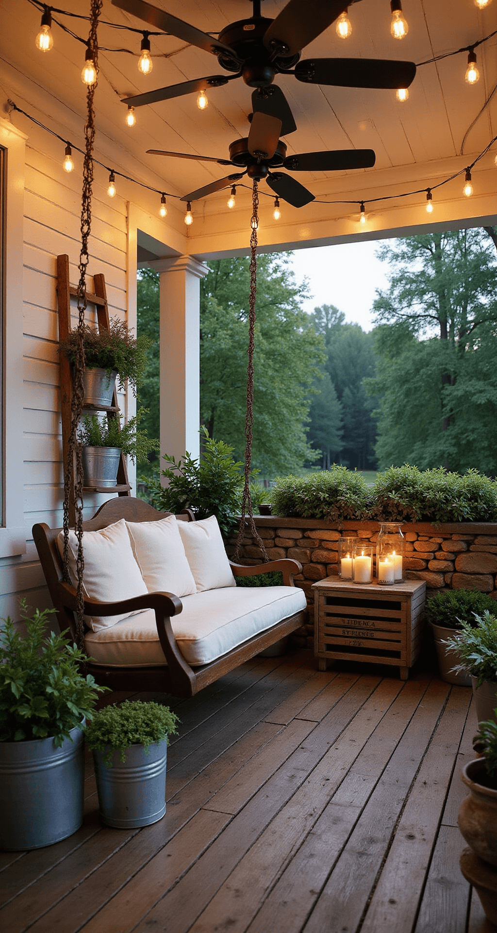 Rustic Farmhouse with Wrap-Around Porch: Your Complete Guide to Timeless Country Living A cozy evening scene on a wraparound porch featuring a classic swing with cream cushions, vintage Edison string lights, potted plants in galvanized containers, and a rustic wooden ladder with herbs, all bathed in warm amber and twilight blue lighting, evoking a romantic and relaxed ambiance.