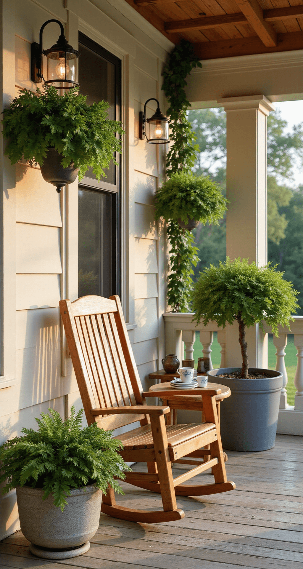Rustic Farmhouse with Wrap-Around Porch: Your Complete Guide to Timeless Country Living A cozy morning coffee corner on an east-facing porch at sunrise, featuring a teak rocking chair, a round side table with ceramic coffee service, and abundant greenery including hanging ferns and potted olive trees, all framed by warm cream cedar shiplap and black iron sconces, evoking a sense of comfort and connection to nature.