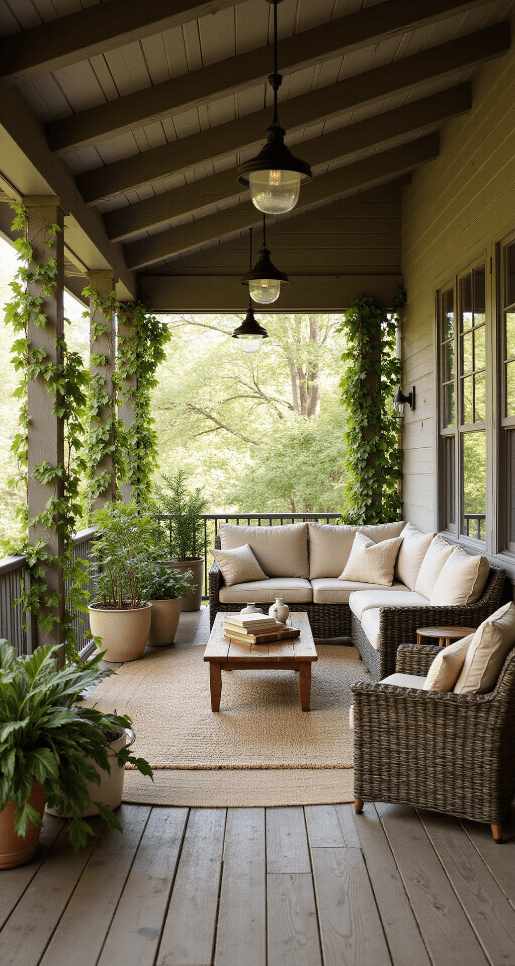 Rustic Farmhouse with Wrap-Around Porch: Your Complete Guide to Timeless Country Living A cozy wraparound porch with deep cushioned wicker seating in warm neutrals, dappled sunlight illuminating the space through climbing vines, a rustic coffee table with vintage books, natural fiber rug, and greenery planters, all set against a backdrop of handmade shiplap and metal roofing, creating an inviting atmosphere for relaxation and gatherings.