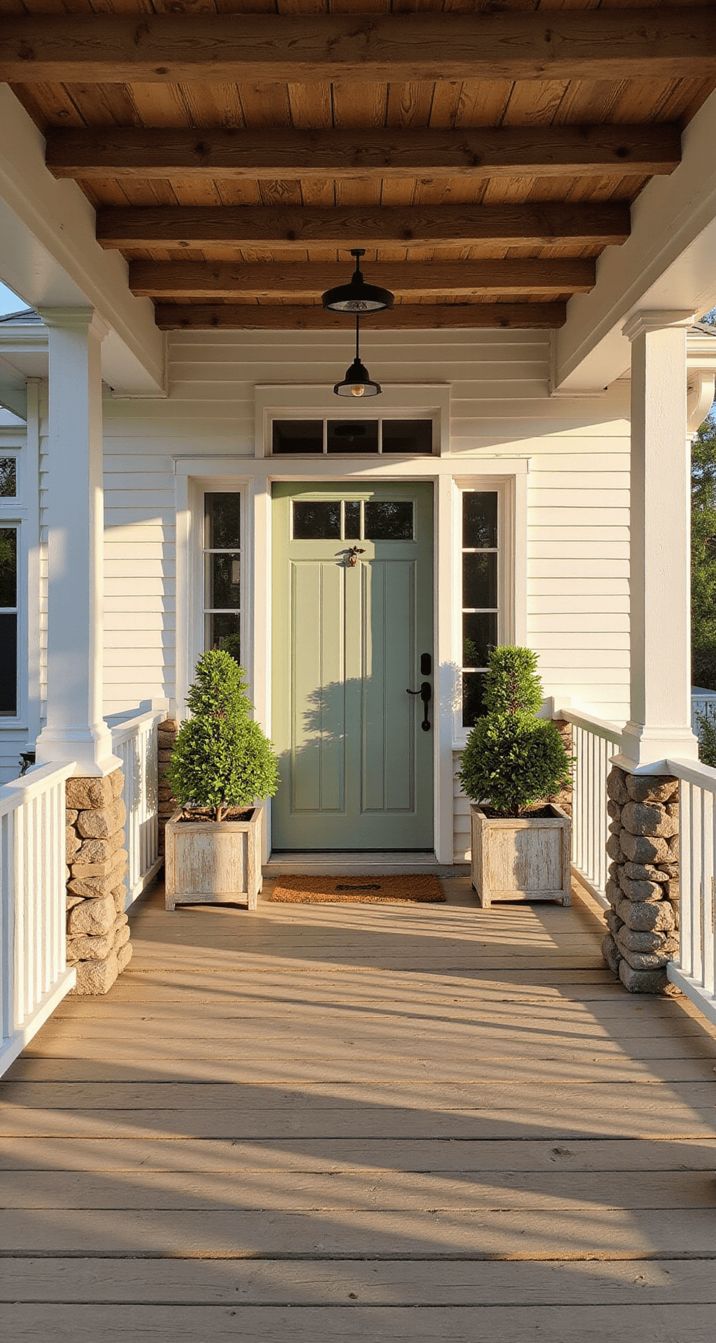 Farmhouse Front Porch Ideas That'll Make Your Neighbors Jealous Wide-angle view of a spacious farmhouse porch at golden hour, showcasing white shiplap walls, a reclaimed barn beam ceiling, a sage green Dutch-style door, and weathered planters with boxwood topiaries, all illuminated by warm afternoon sunlight.