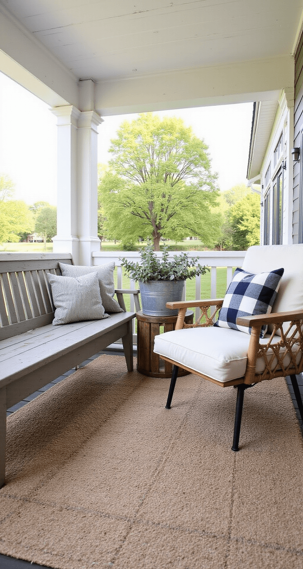 Farmhouse Front Porch Ideas That'll Make Your Neighbors Jealous Medium shot of a cozy outdoor living room on a farmhouse porch featuring a weathered wooden bench with cream linen cushions, a modern rattan chair with a buffalo check pillow, and a rustic side table with eucalyptus. Soft morning light filters through, casting gentle shadows on layered jute rugs in earthy tones.