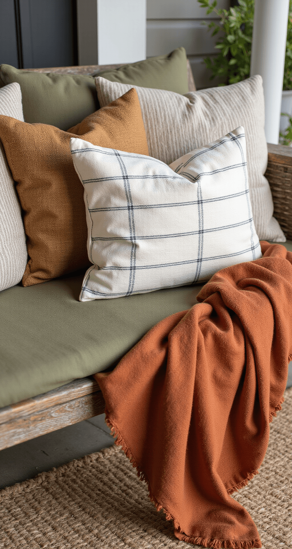 Farmhouse Front Porch Ideas That'll Make Your Neighbors Jealous Close-up of a weathered wooden bench adorned with layered textiles: cream linen and navy striped pillow, natural tan burlap accent pillow, and a burnt orange cotton throw, all set on a textured jute rug, capturing warm afternoon light and earthy autumn colors.