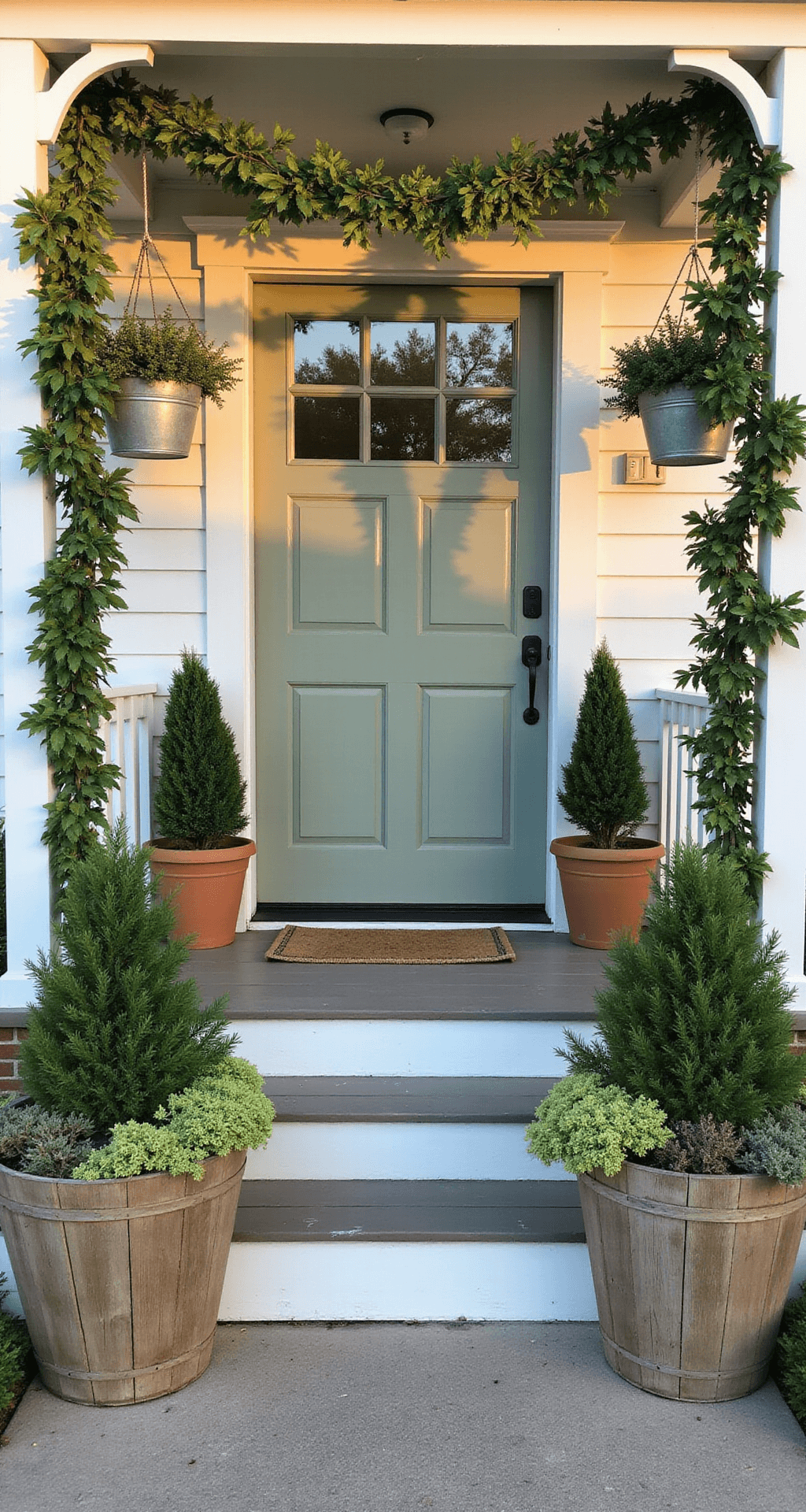 Farmhouse Front Porch Ideas That'll Make Your Neighbors Jealous Symmetrical farmhouse porch with a sage green Dutch door flanked by oversized wooden planters containing olive trees, surrounded by tall boxwoods, medium herbs, and trailing ivy. Warm golden sunlight filters through foliage, casting dappled shadows on white shiplap walls, creating a fresh and organic atmosphere.