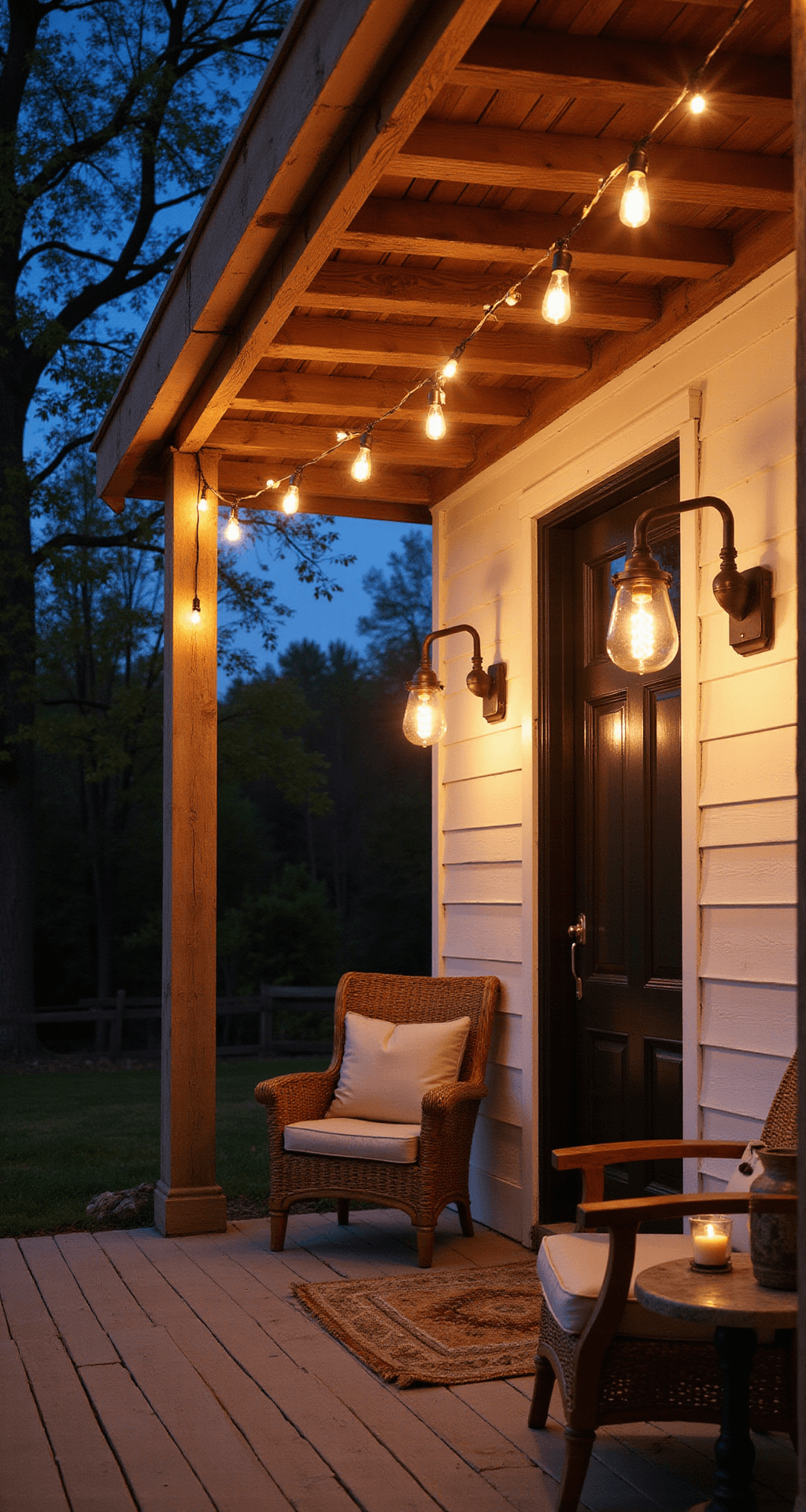 Farmhouse Front Porch Ideas That'll Make Your Neighbors Jealous Evening twilight shot of a cozy farmhouse porch with layered lighting design, featuring Edison bulb string lights, black iron sconces, and vintage brass lanterns, creating a warm and inviting atmosphere against a deep blue sky.