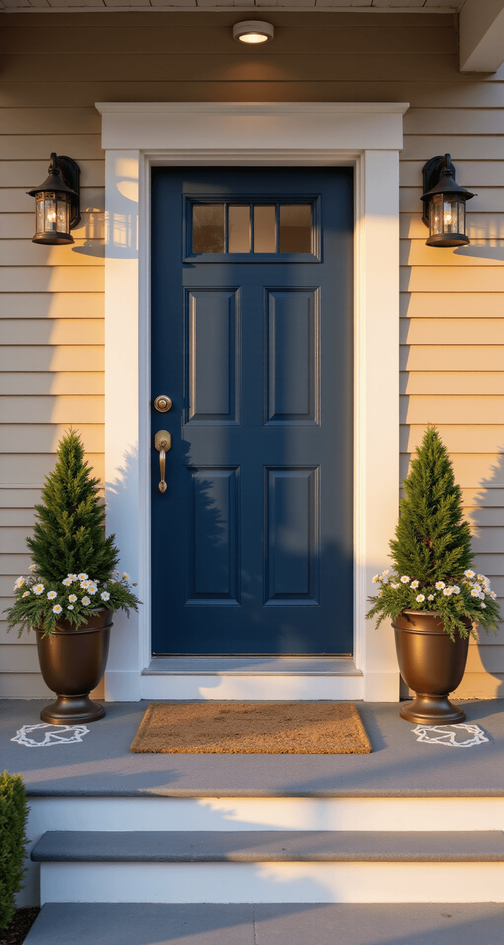 How I Transformed My Tiny Front Porch Without Breaking the Bank (And You Can Too) Photorealistic image of a welcoming front porch featuring a deep navy blue front door, warm beige siding, geometric-patterned gray concrete, and bronze planters with boxwood topiaries and pansies, all beautifully lit during the golden hour.