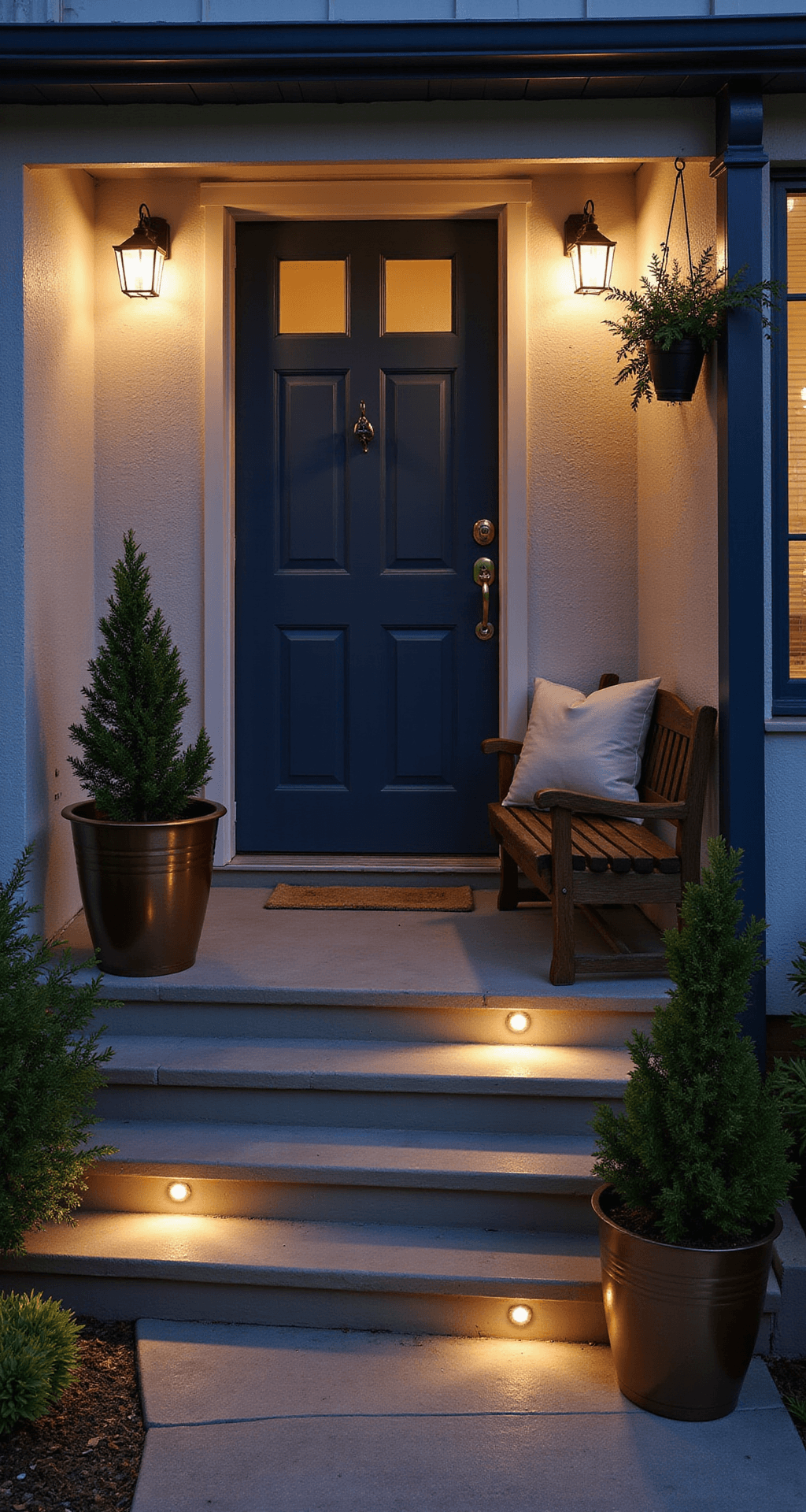How I Transformed My Tiny Front Porch Without Breaking the Bank (And You Can Too) Cozy porch scene featuring a navy door, warm white solar lanterns, and glowing motion-activated lights on concrete steps, accented by bronze resin planters and hanging ivy. Twilight blue hour enhances the intimate ambiance.