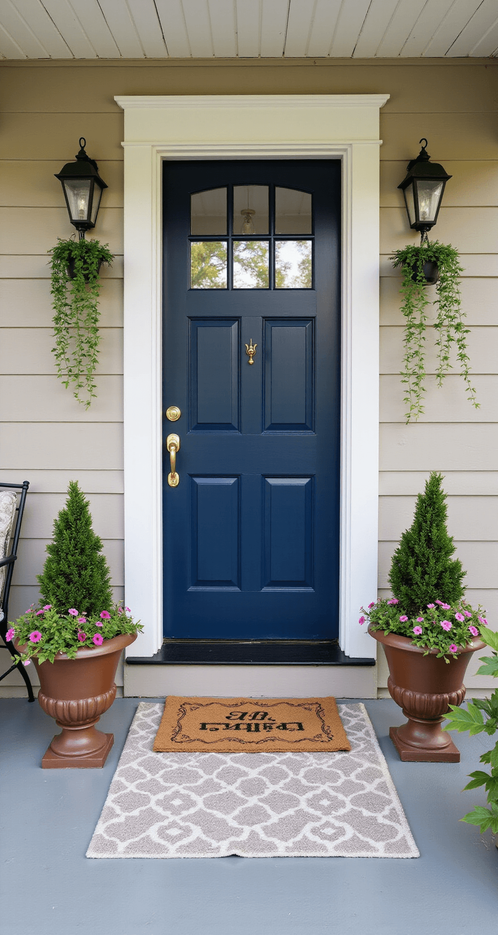 How I Transformed My Tiny Front Porch Without Breaking the Bank (And You Can Too) Symmetrical porch arrangement featuring a navy blue front door, bronze resin planters with begonias and boxwood topiaries, solar lanterns, and a layered mat system, all in bright morning light.