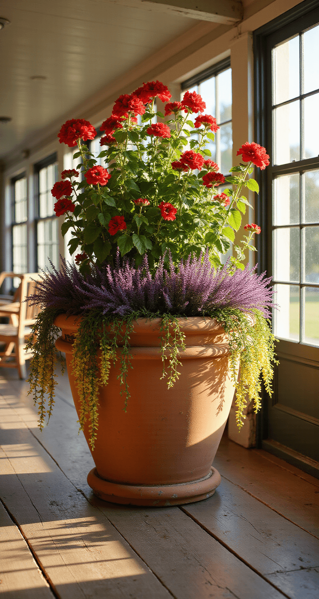Front Porch Container Gardens That'll Make Your Neighbors Stop and Stare Wide-angle view of a rustic front porch interior during golden hour, featuring a large ceramic planter with red geraniums, purple petunias, and yellow million bells, surrounded by distressed wood furniture and bathed in warm amber light from large picture windows.