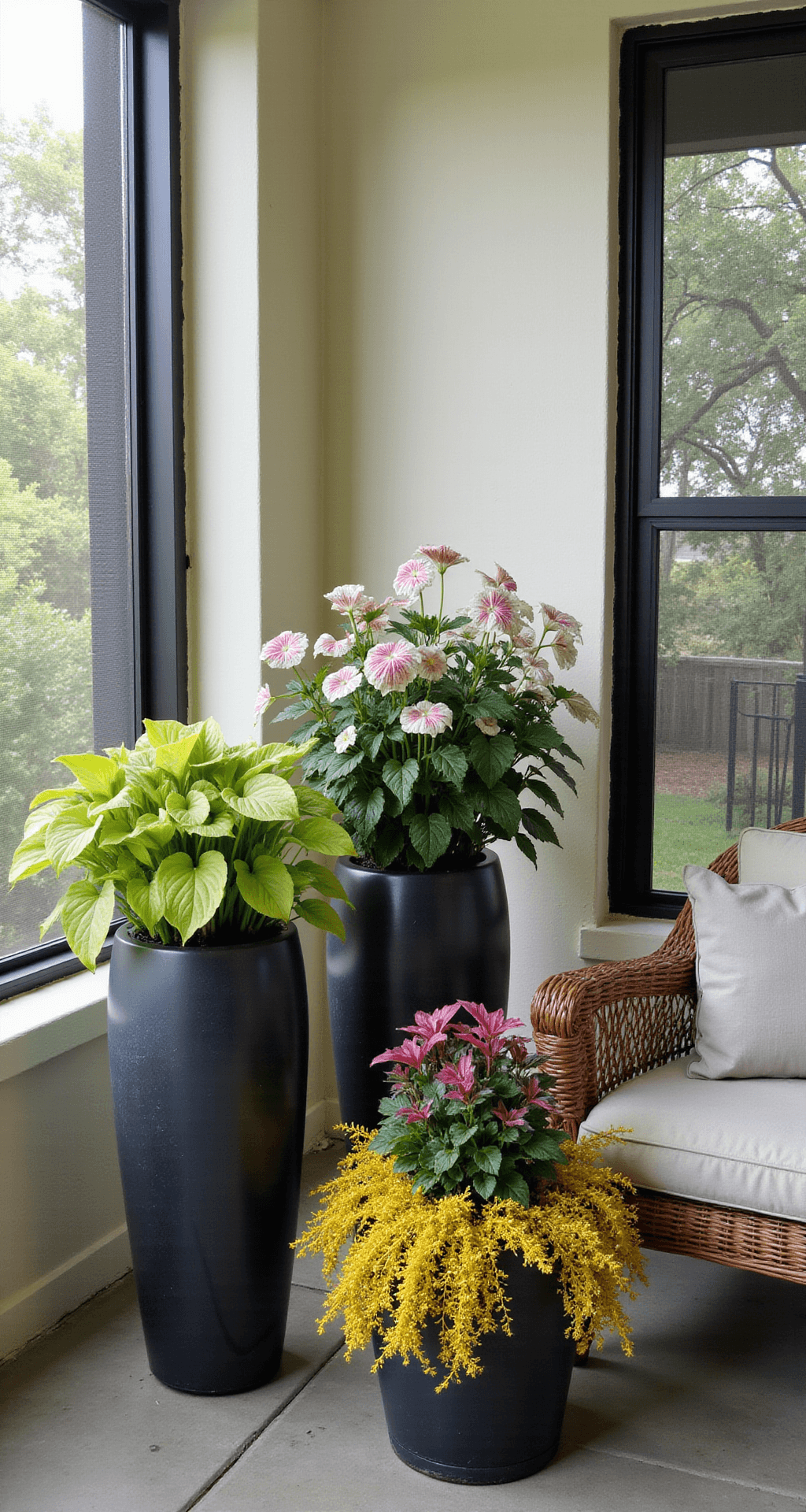 Front Porch Container Gardens That'll Make Your Neighbors Stop and Stare Intimate porch corner in soft morning light featuring decorative planters with Guacamole hostas, pink and white caladiums, and burgundy coral bells, surrounded by a mature oak canopy, wicker seating, and a serene ambiance.