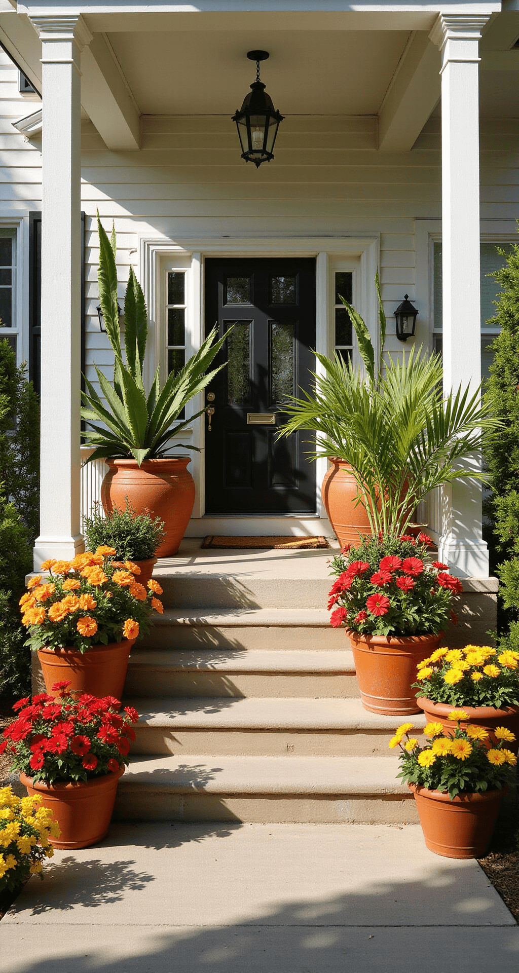 Front Porch Container Gardens That'll Make Your Neighbors Stop and Stare A vibrant sunlit front porch at noon showcasing dramatic planter height variations, tall yucca and palms against white siding, cascading orange poppies, red blooms, and yellow flowers in elevated containers, framed by symmetrical hanging baskets of petunias, all set on natural stone flooring under bright sunlight, capturing a lively summer ambiance.
