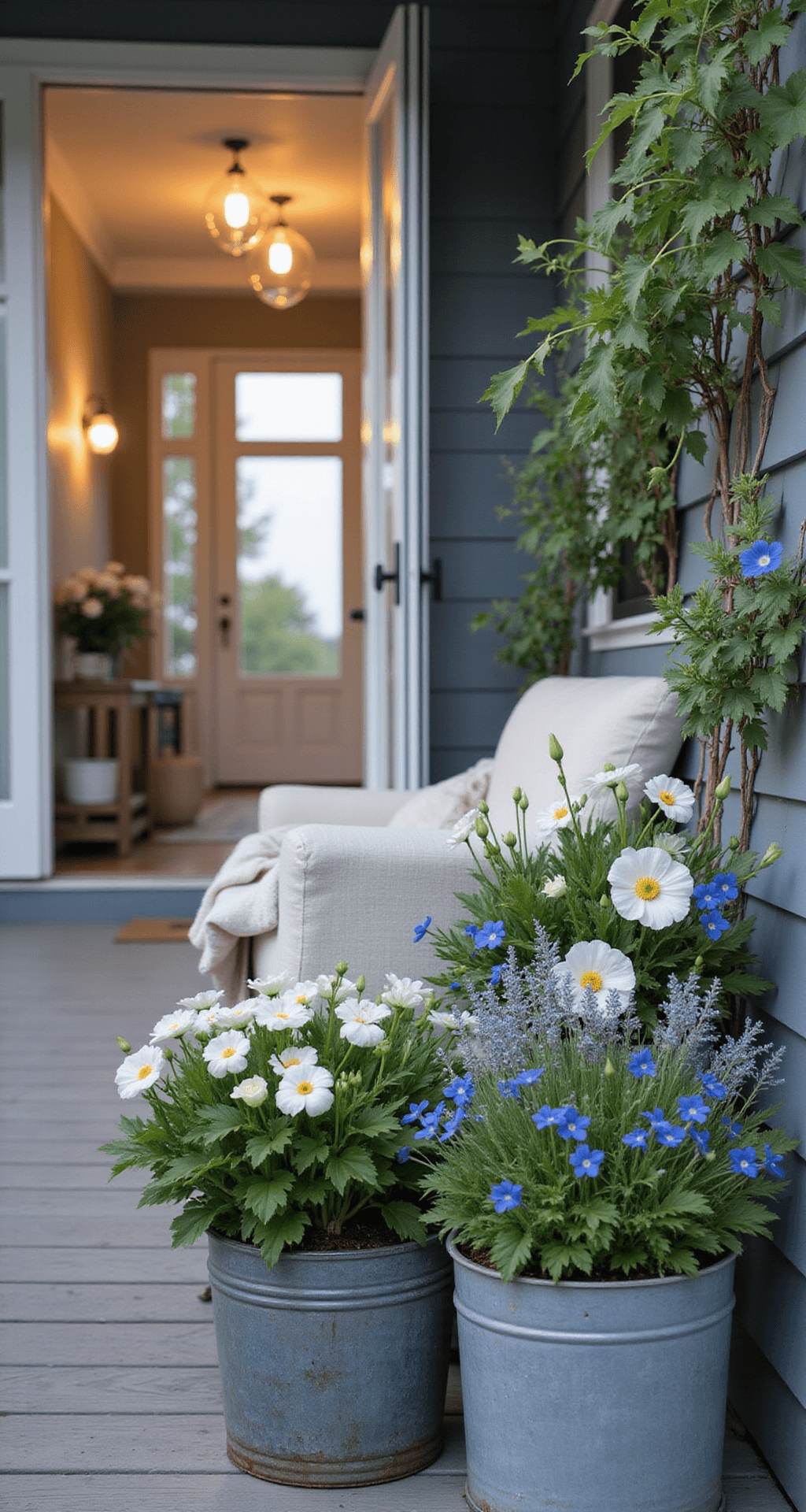 Front Porch Container Gardens That'll Make Your Neighbors Stop and Stare Cozy porch scene at blue hour featuring cream and blue decor, warm lighting from French doors, elegant cream white poppies, climbing clematis on trellises, and blue poppies adding color, all complemented by vintage metal containers and comfortable seating with cream linen upholstery.