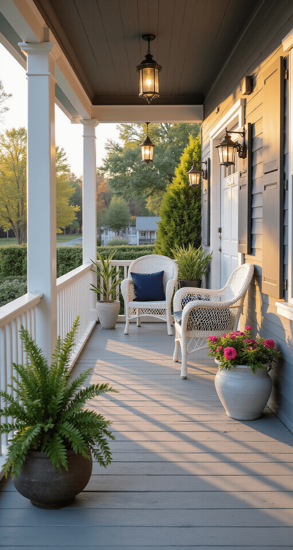 Simple Porch Railing Ideas That'll Transform Your Front Porch Without Breaking the Bank Photorealistic front porch scene featuring white balusters and charcoal gray rails, with wicker furniture and hanging ferns, illuminated by warm golden hour light.