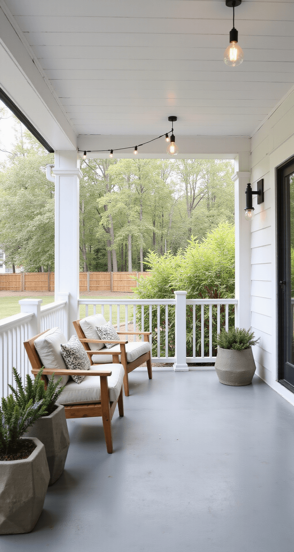 Simple Porch Railing Ideas That'll Transform Your Front Porch Without Breaking the Bank Modern farmhouse porch with minimalist white vertical spindles, spacious wraparound layout, and concrete flooring. Morning light casts geometric shadows through unadorned balusters, featuring contemporary teak furniture, potted succulents, and Edison bulb string lights. A harmonious monochromatic palette of whites, warm grays, and natural wood elements.