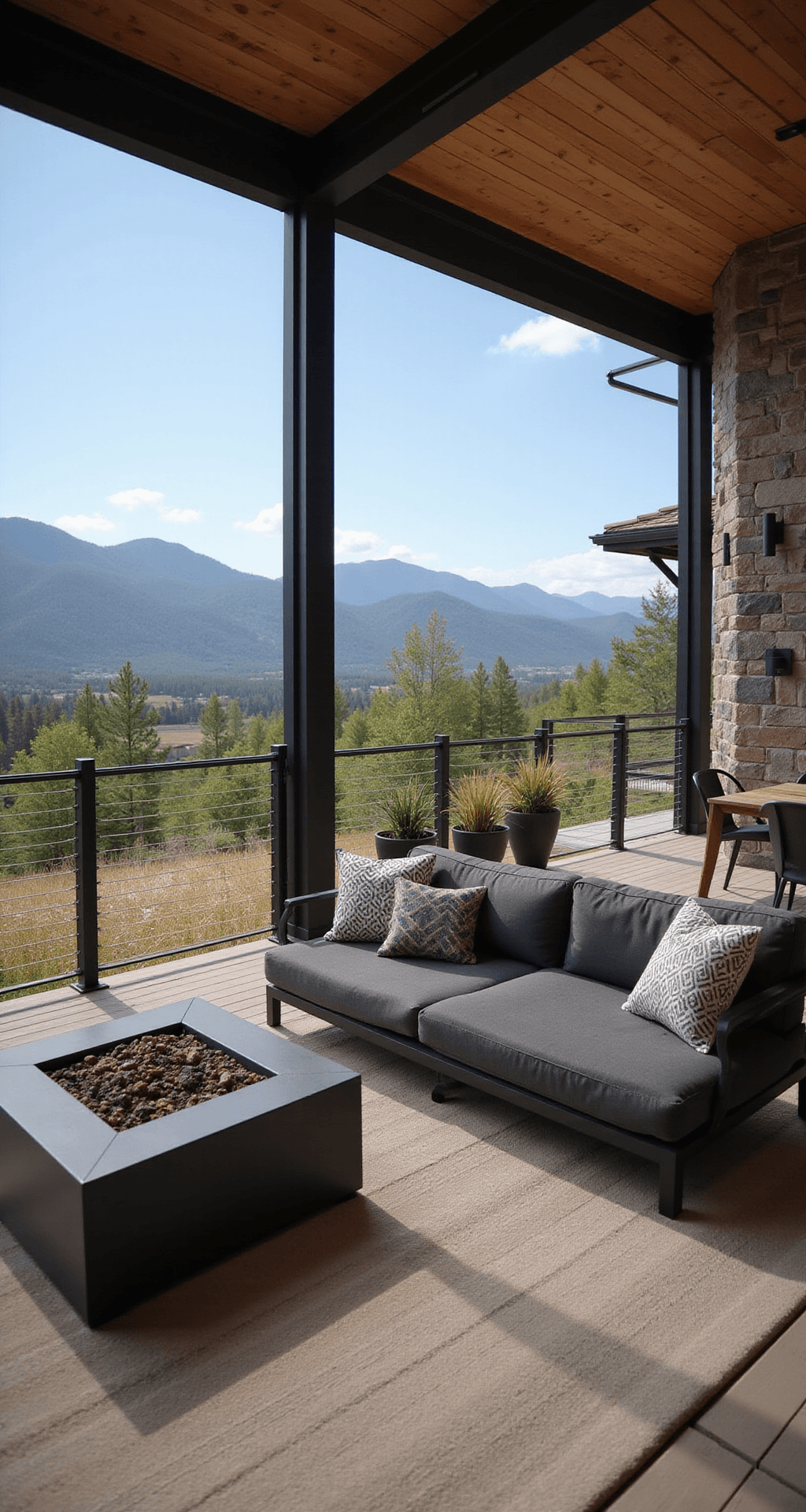 Simple Porch Railing Ideas That'll Transform Your Front Porch Without Breaking the Bank Contemporary porch with horizontal stainless steel cable railings, open-concept design featuring rich brown composite decking, charcoal gray outdoor sectional, modern fire table, and mountain view background, illuminated by afternoon light.