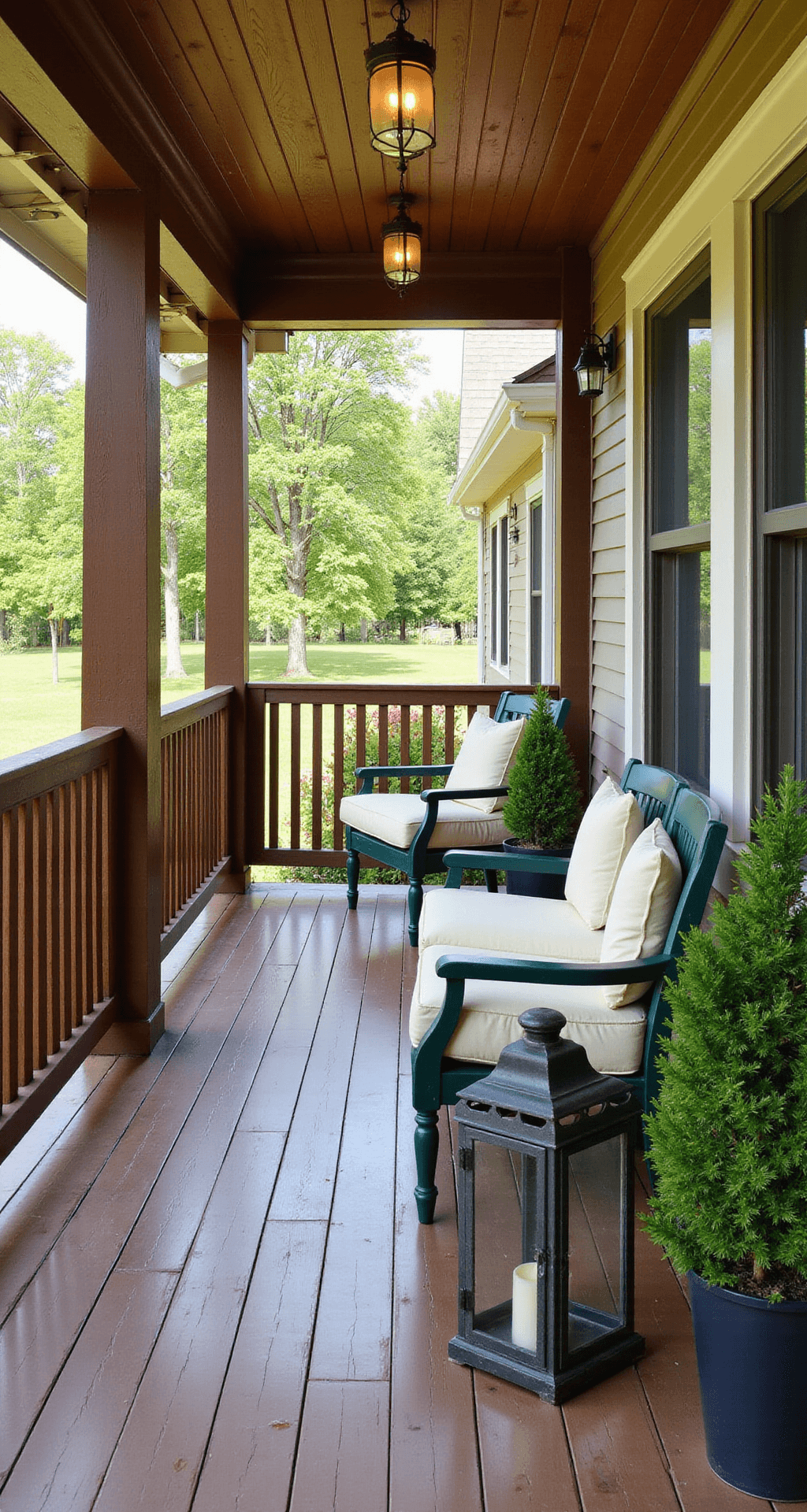 Simple Porch Railing Ideas That'll Transform Your Front Porch Without Breaking the Bank A traditional 10x8 porch featuring wood-grain brown composite railings and matching posts, with coordinating composite flooring and classic outdoor furniture in deep green and cream cushions. The scene is bright with midday lighting, showcasing UV resistance and color consistency. Decor includes weather-resistant planters with evergreen shrubs and metal lanterns, set against an earth-tone palette of rich browns, forest greens, and cream.