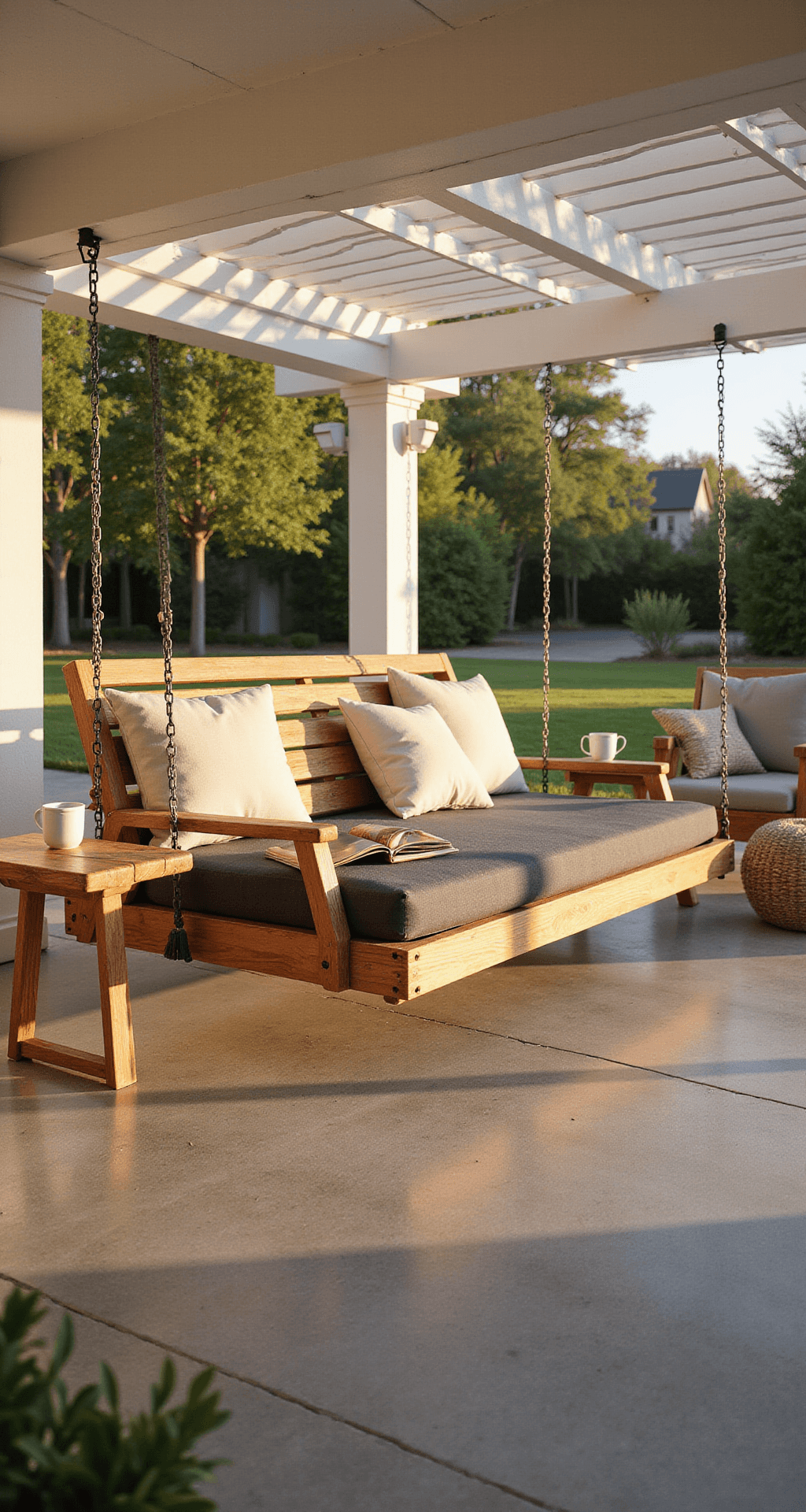 Outdoor Hanging Bed Swings: Everything You Need to Know Before You Buy One Photorealistic image of a spacious covered patio with a modern cedar hanging bed swing at sunset, featuring warm geometric shadows, polished concrete floors, and contemporary outdoor furniture.