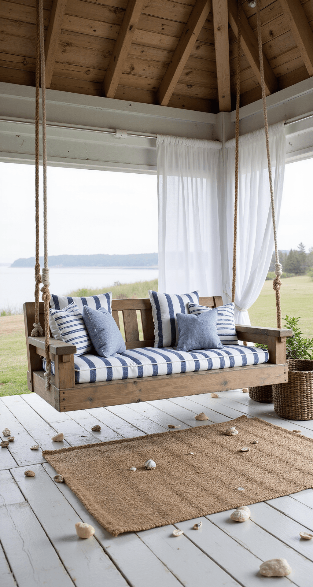 Outdoor Hanging Bed Swings: Everything You Need to Know Before You Buy One Coastal-style covered deck featuring a weathered teak bed swing with navy and white striped cushions, suspended from wooden beams; whitewashed deck planks scattered with seashells, a woven jute rug, and fluttering sheer curtains, all illuminated by soft diffused lighting in a relaxed, breezy atmosphere.