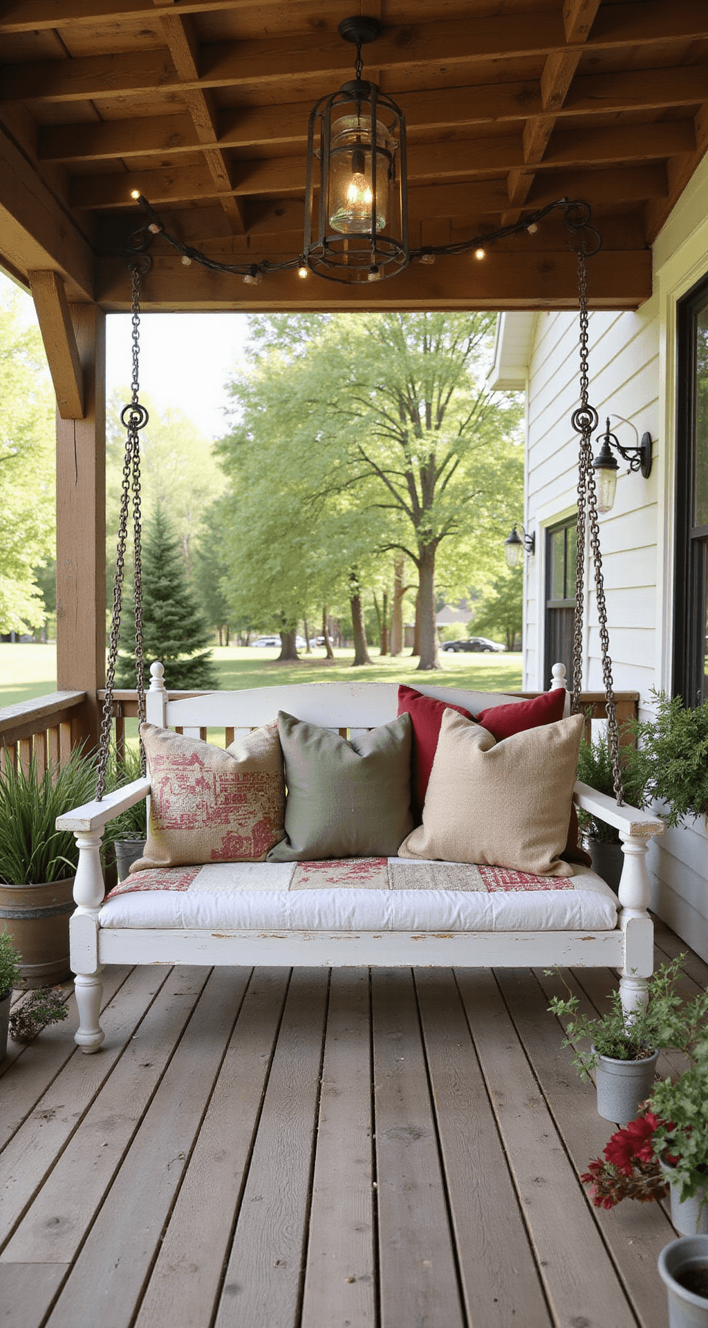Outdoor Hanging Bed Swings: Everything You Need to Know Before You Buy One Rustic farmhouse porch scene in warm morning light featuring a handcrafted pine hanging bed swing with a vintage quilt, burlap and linen pillows, reclaimed wood ceiling, mason jar string lights, and potted herbs, showcasing an inviting country living atmosphere.