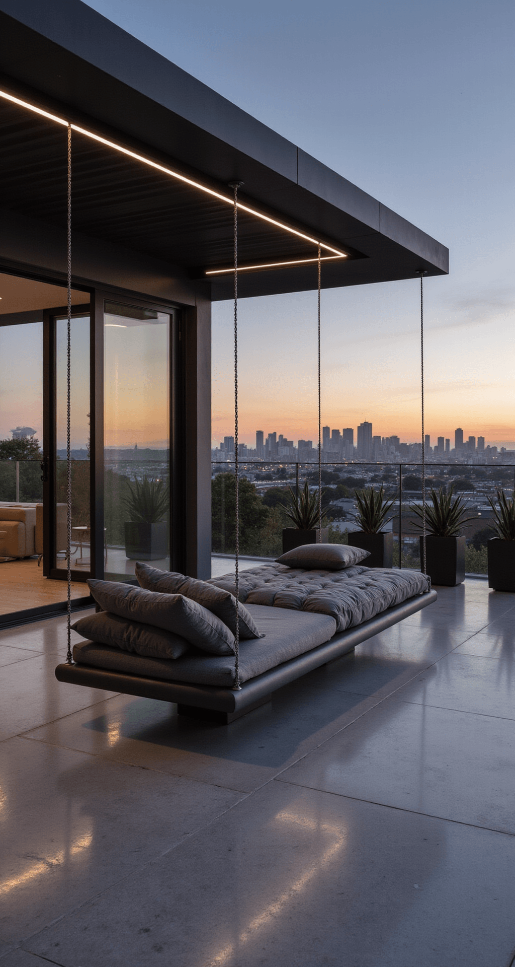 Outdoor Hanging Bed Swings: Everything You Need to Know Before You Buy One Contemporary minimalist terrace at sunset with a charcoal gray hanging bed swing, geometric monochromatic cushions, polished concrete floors, LED strip lighting, floor-to-ceiling glass panels showcasing urban skyline, and architectural succulents in sculptural planters, all captured with a low camera angle against a dramatic sky.