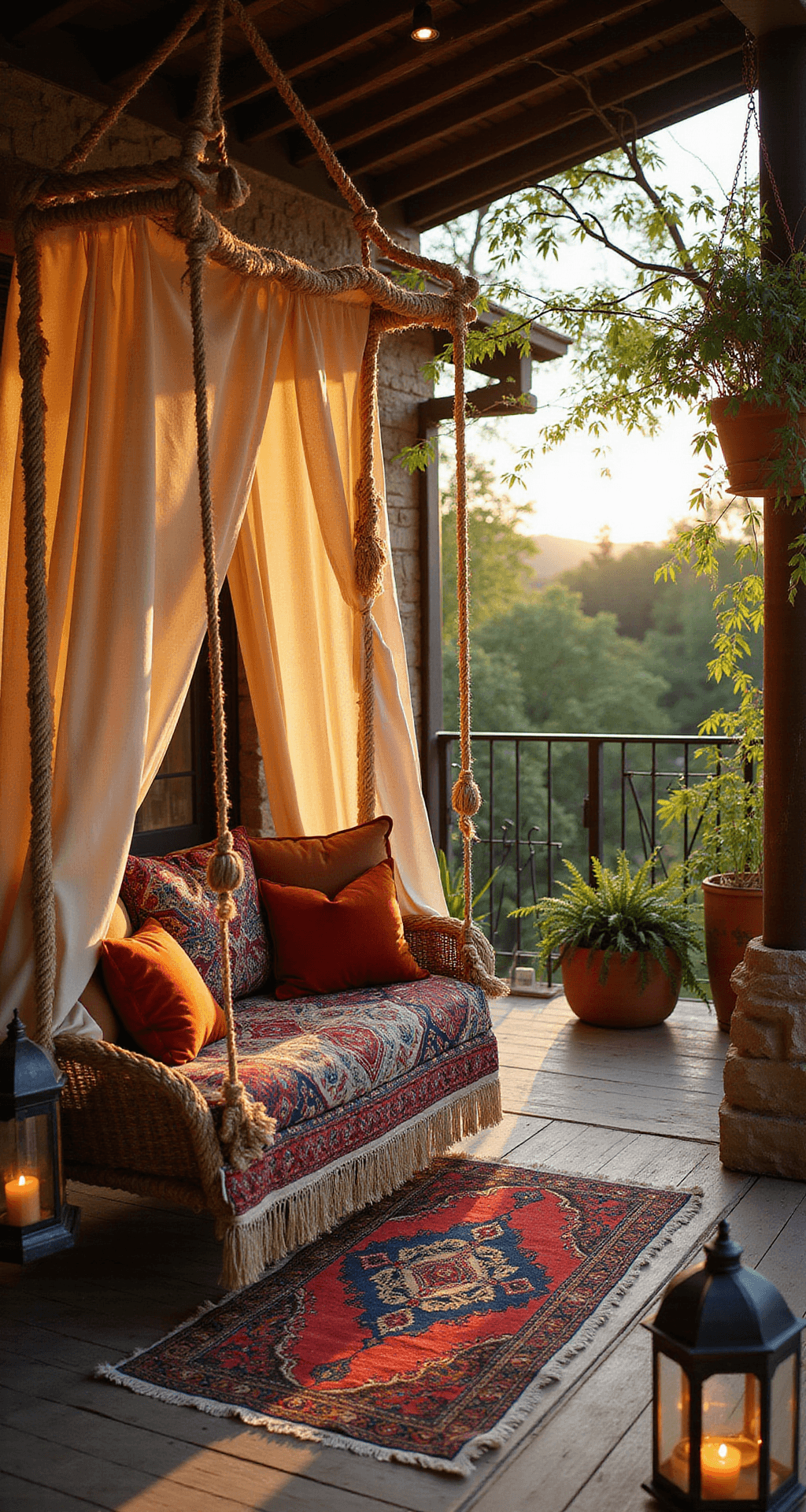 Outdoor Hanging Bed Swings: Everything You Need to Know Before You Buy One Bohemian-inspired covered patio at golden hour with a macramé hanging bed swing, vibrant textile layers, velvet cushions, and ambient lighting from Moroccan lanterns and string lights, featuring cascading plants and rich teak flooring.